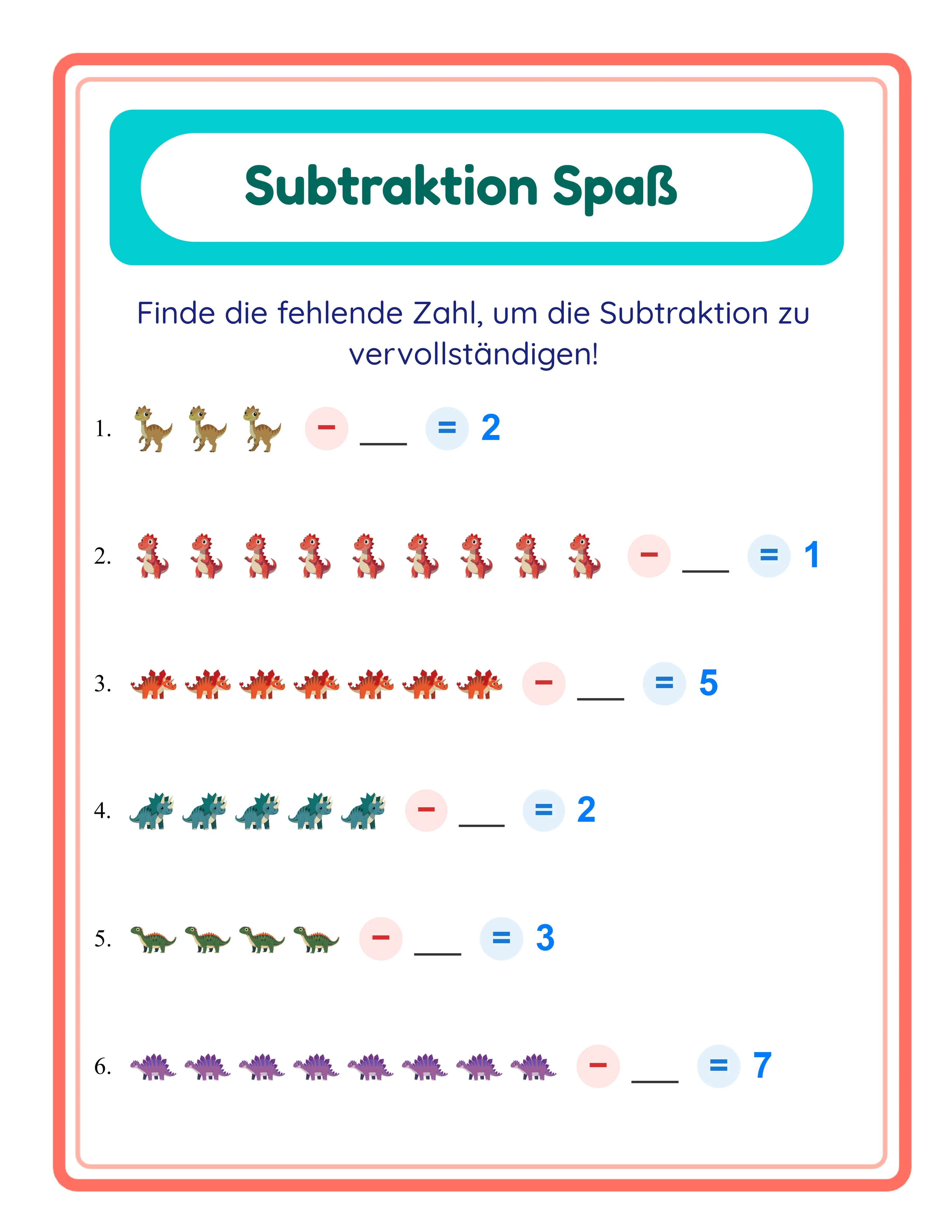 Subtraktions-Arbeitsblatt — gemischte Aufgaben mit Themenbildern