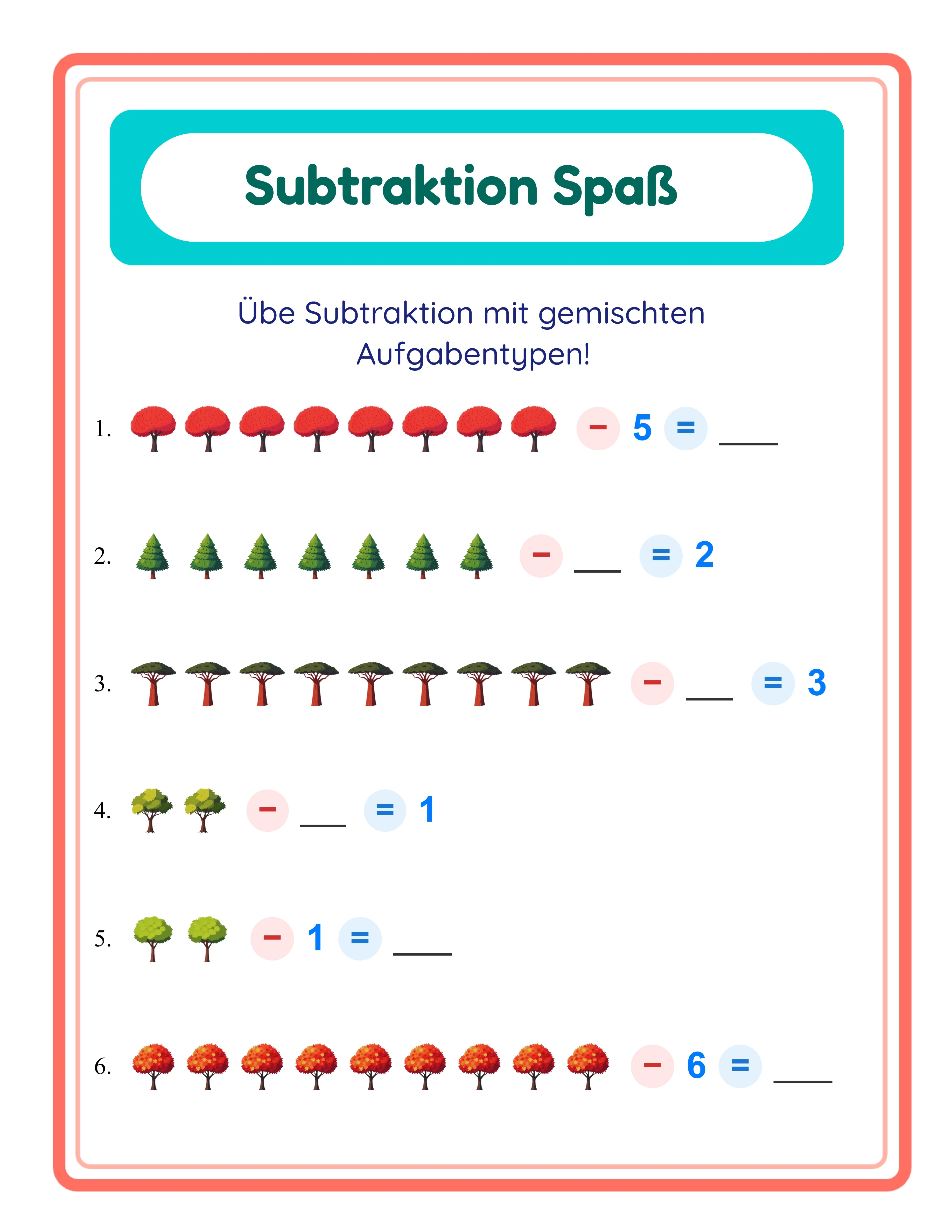 Professionelles Subtraktions-Arbeitsblatt — thematisches Bild-Layout