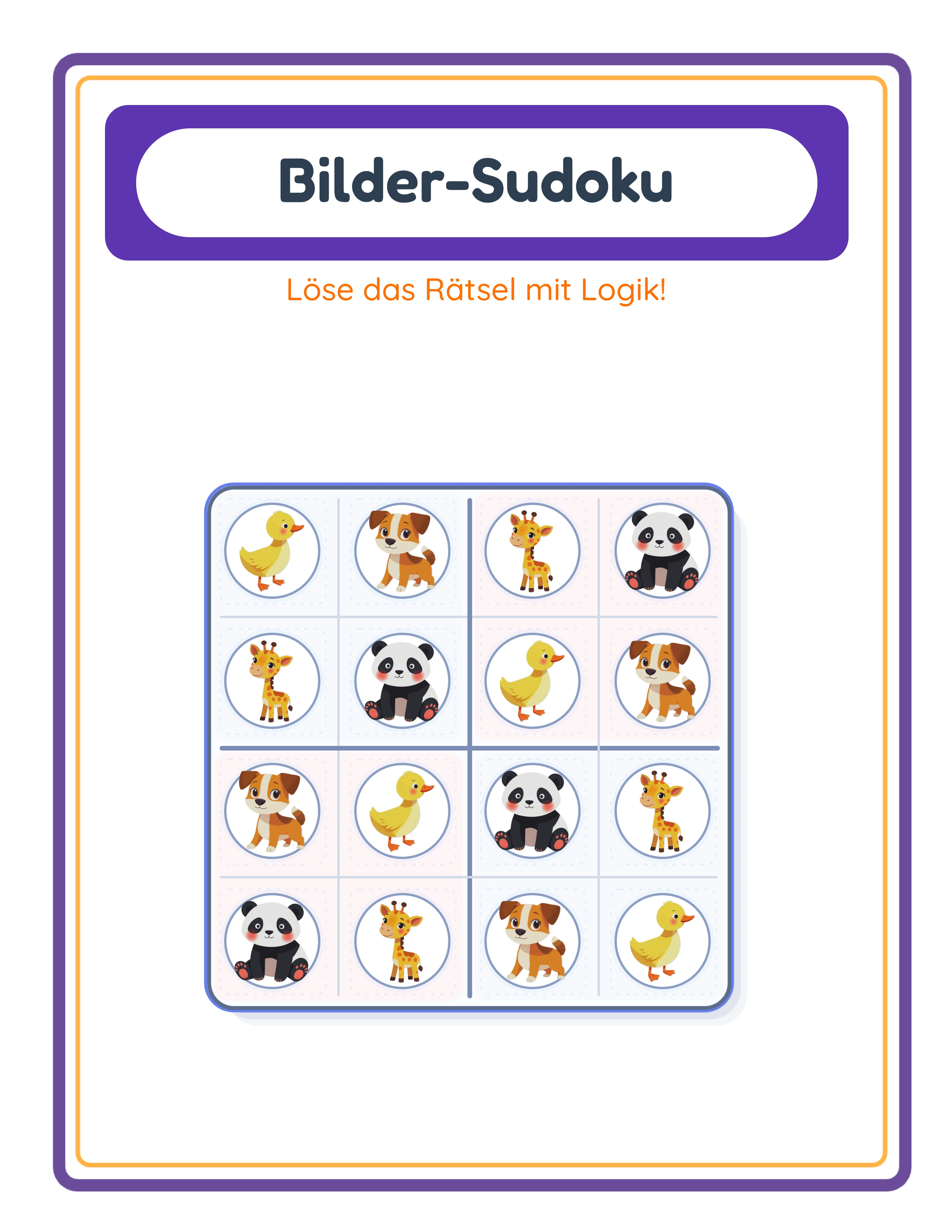 Bilder-Sudoku-Lösungsschlüssel mit vollständig gefülltem 4×4-Raster und allen 16 Zellen mit den korrekten Bildern