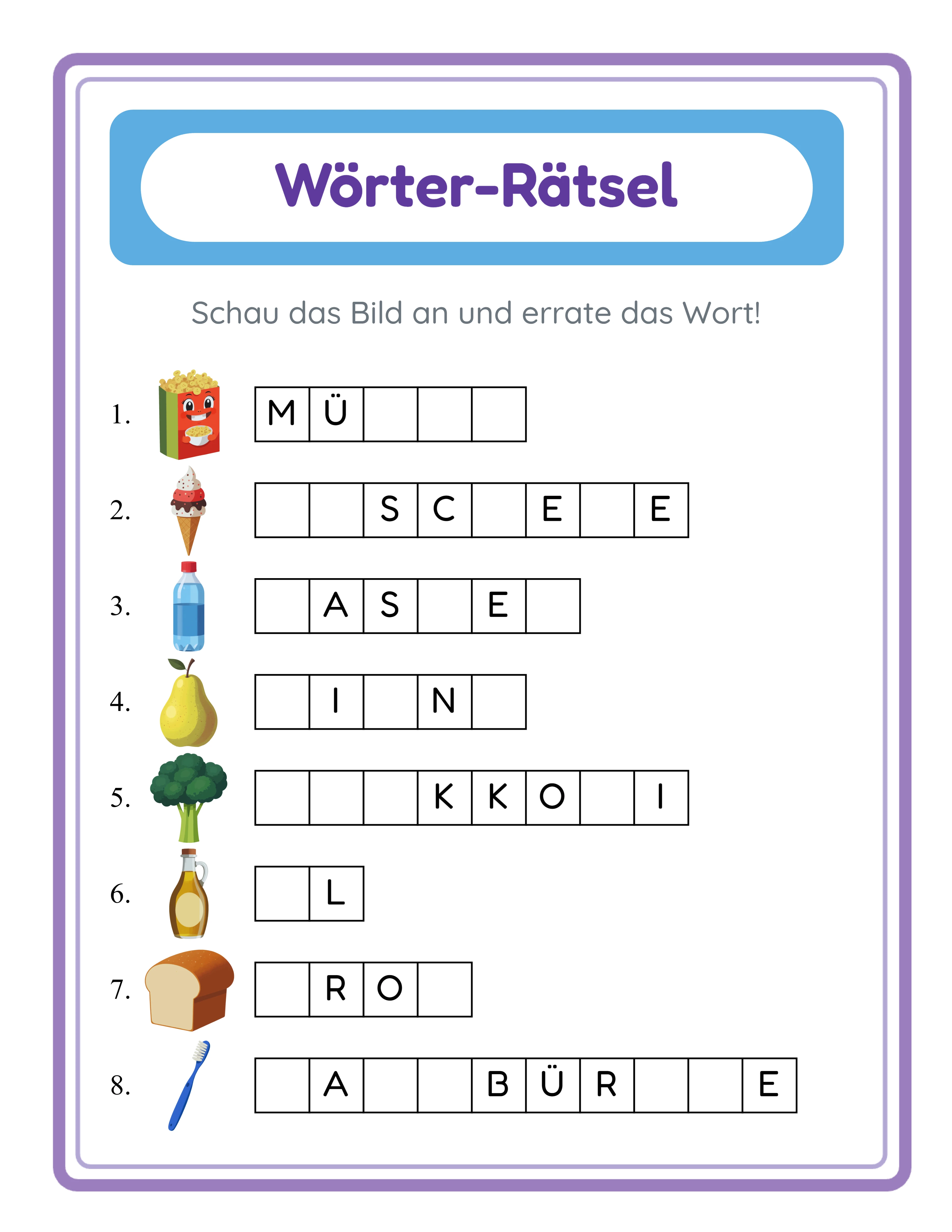 Wörter-Raten-Arbeitsblatt mit Bildhinweisen und Buchstabenlücken