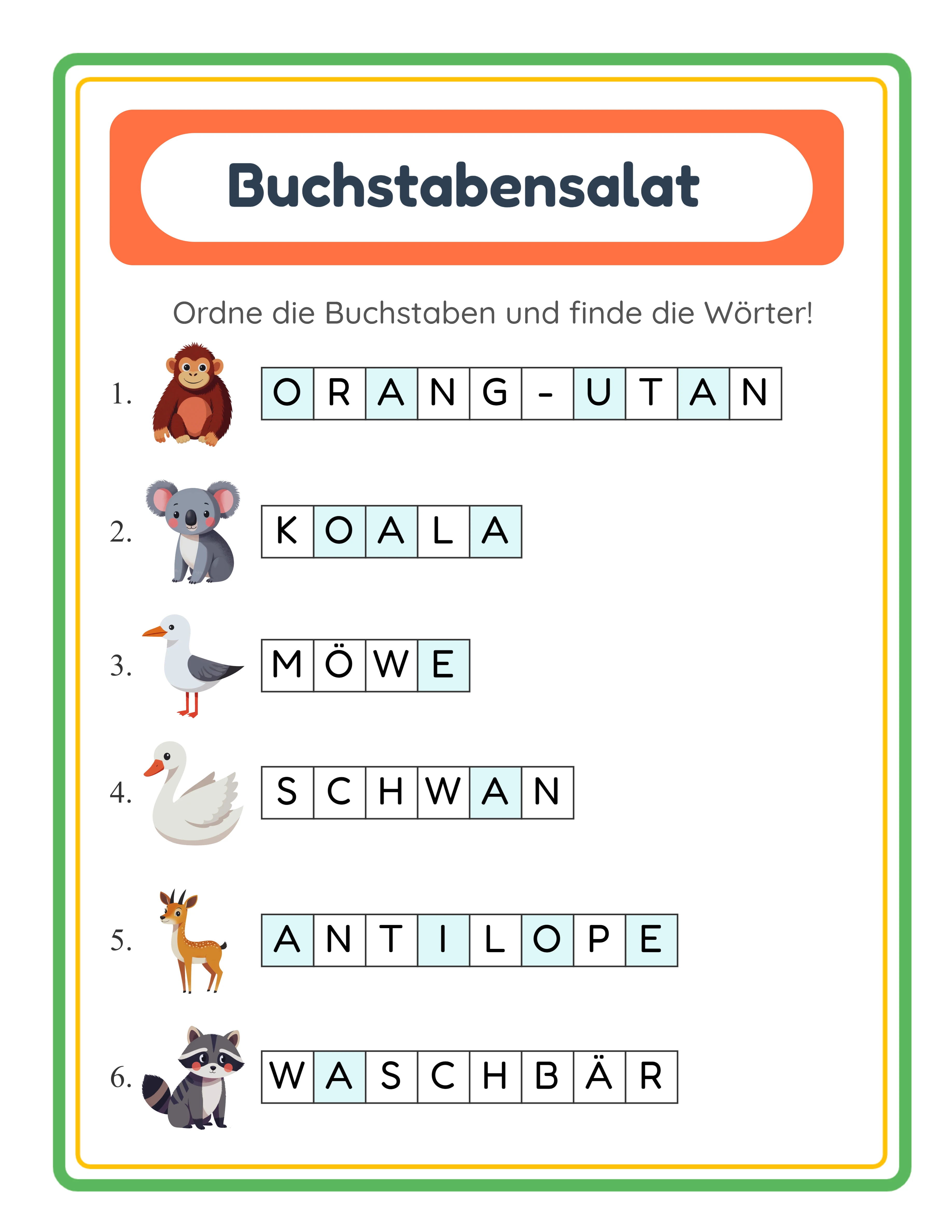 Buchstabensalat-Lösungsschlüssel mit allen Buchstaben korrekt entwirrt