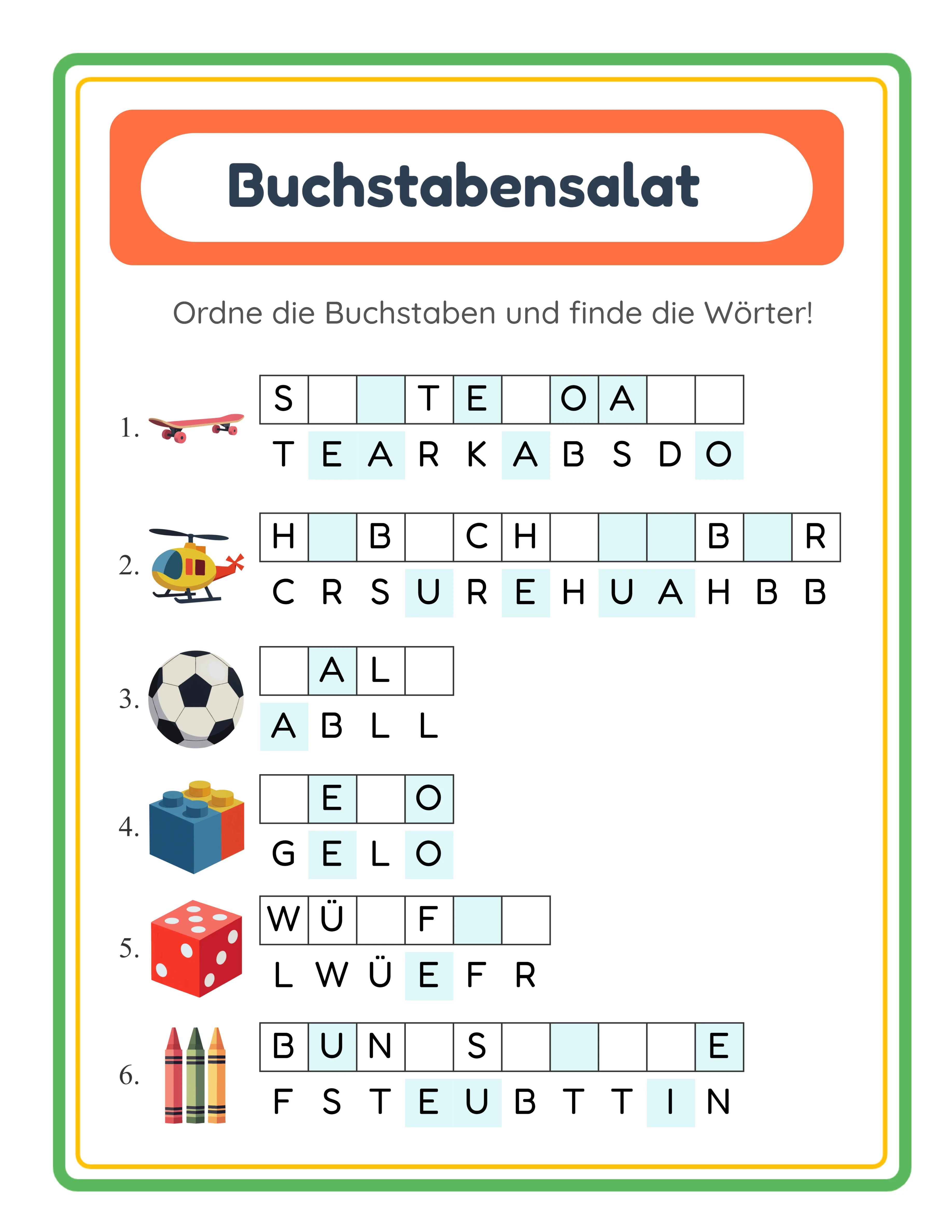 Hervorgehobenes Buchstabensalat-Arbeitsblatt — bunte thematische Aktivität