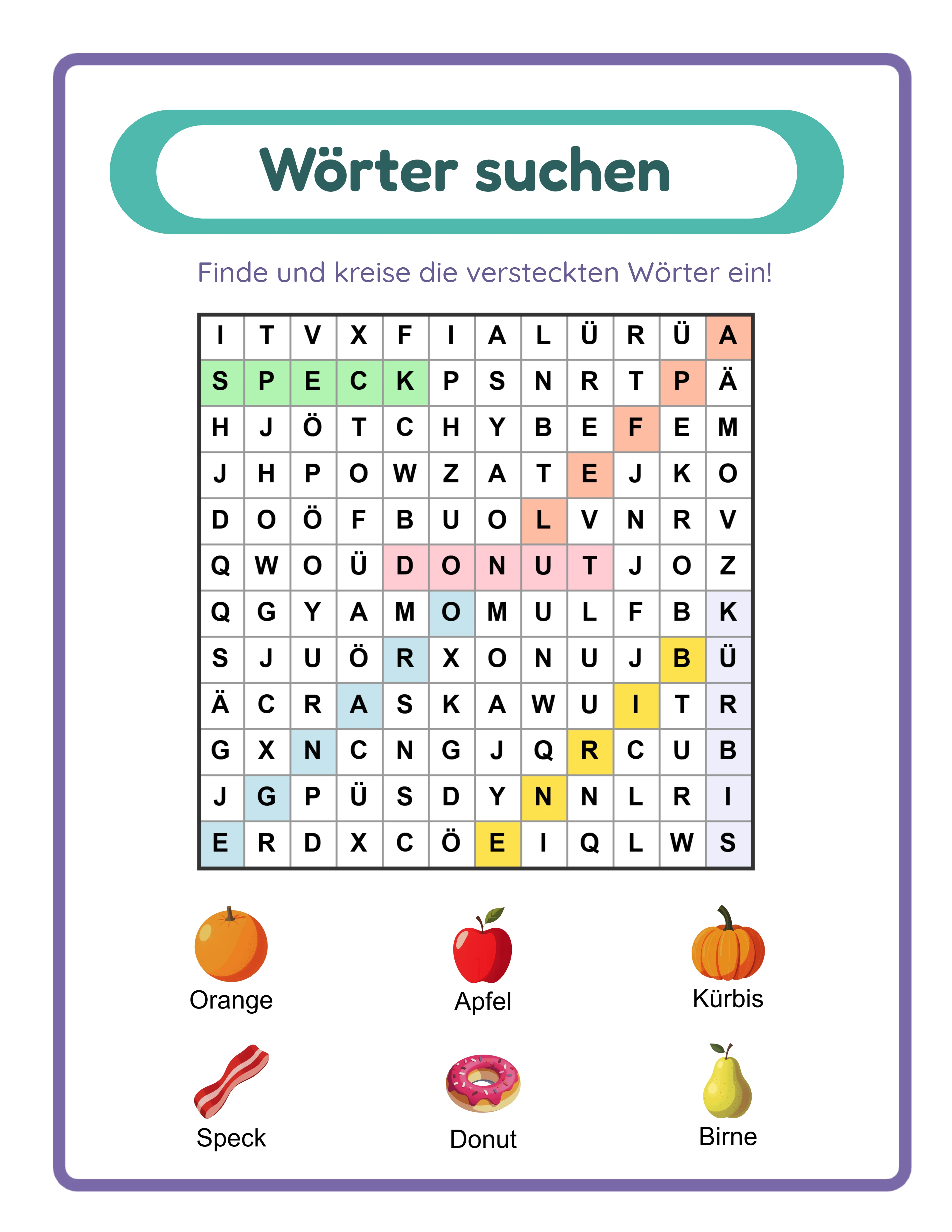 Wortsuche-Arbeitsblatt im benutzerdefinierten Wortlisten-Modus ohne Bilder für reine Text-Rätsel