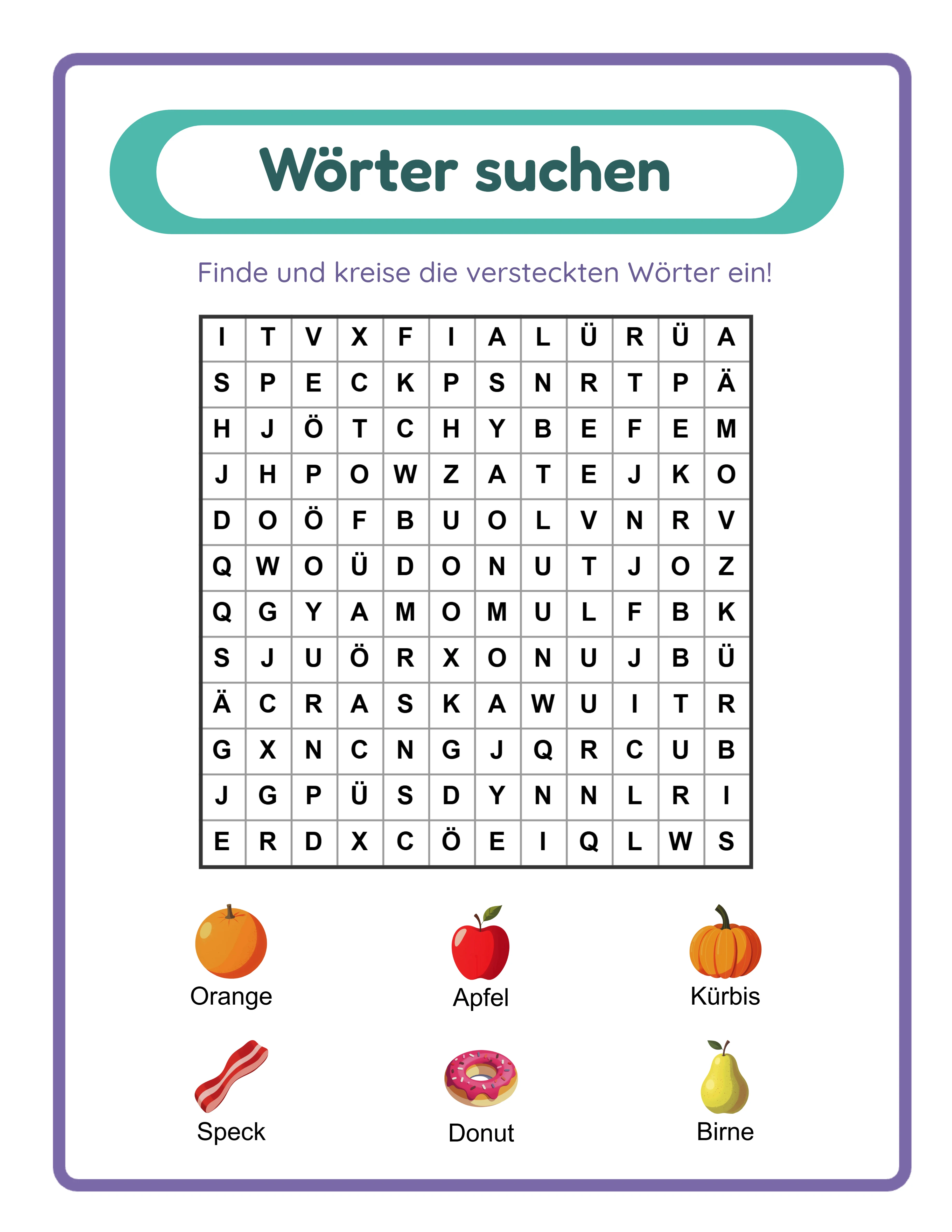 Wortsuche im Buchstabengitter — Arbeitsblatt Beispiel 2