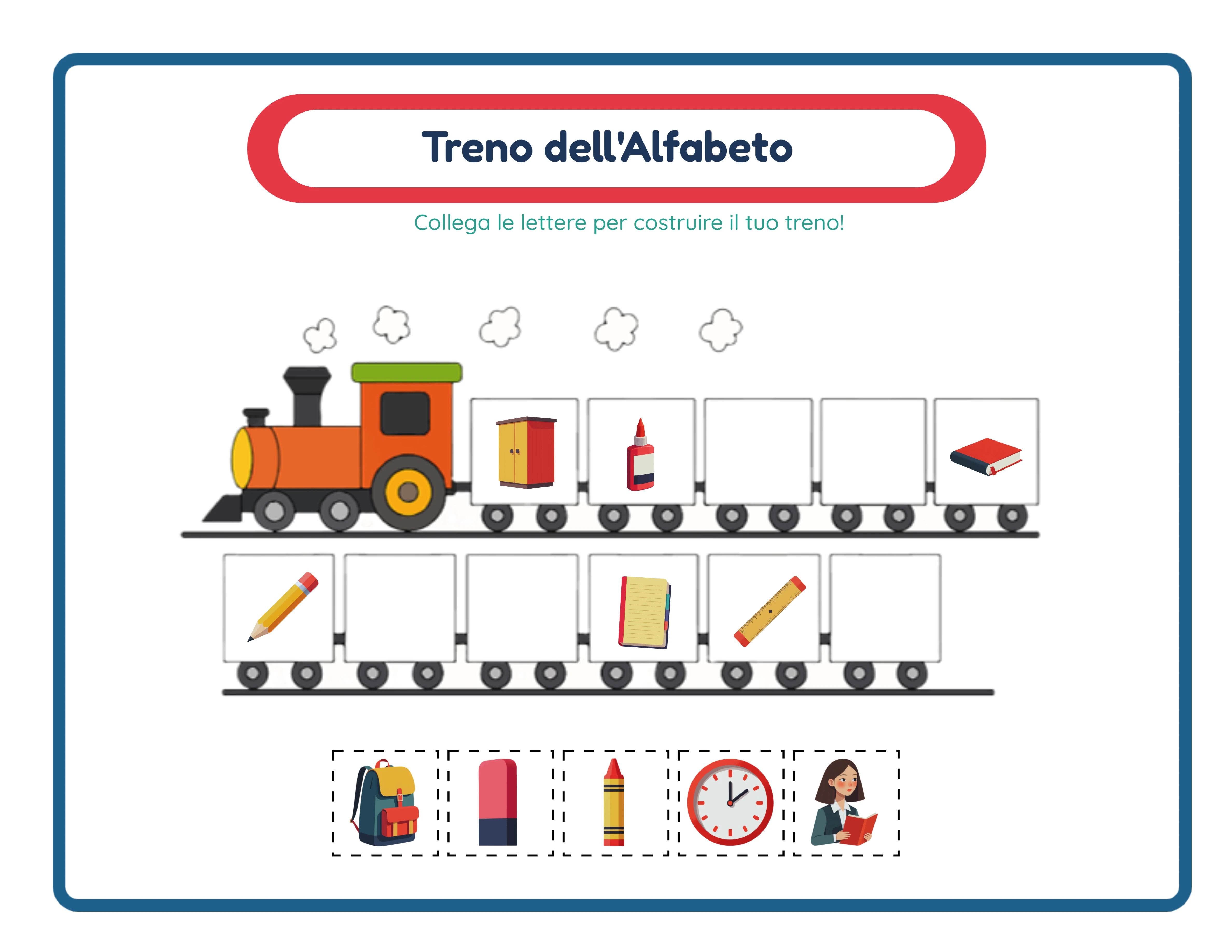 Scheda treno dell'alfabeto con tema cibi e 5 immagini-indizio per l'abbinamento