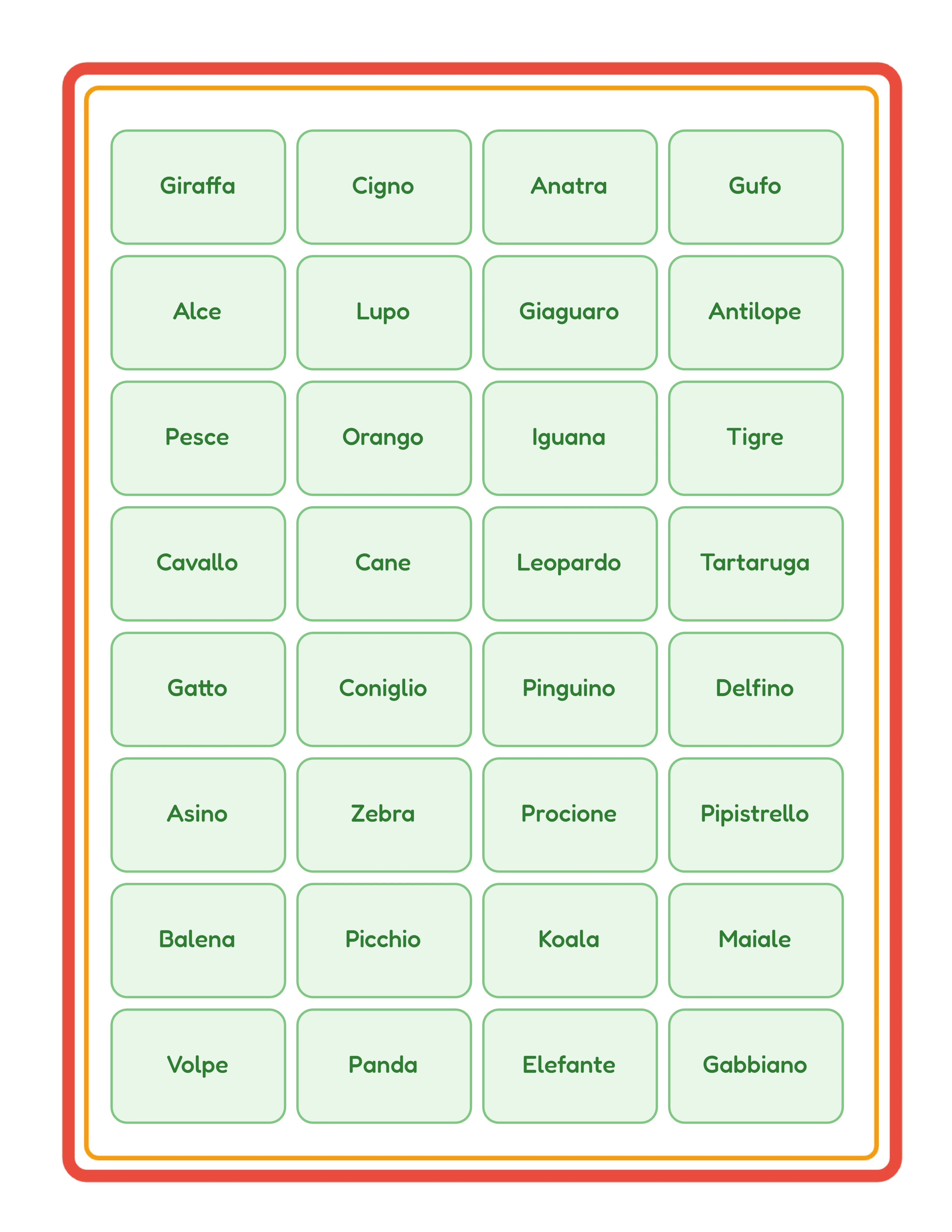 Foglio di richiamo bingo con griglia di parole dinamica che mostra tutti gli elementi del gioco organizzati in colonne per chi conduce il gioco