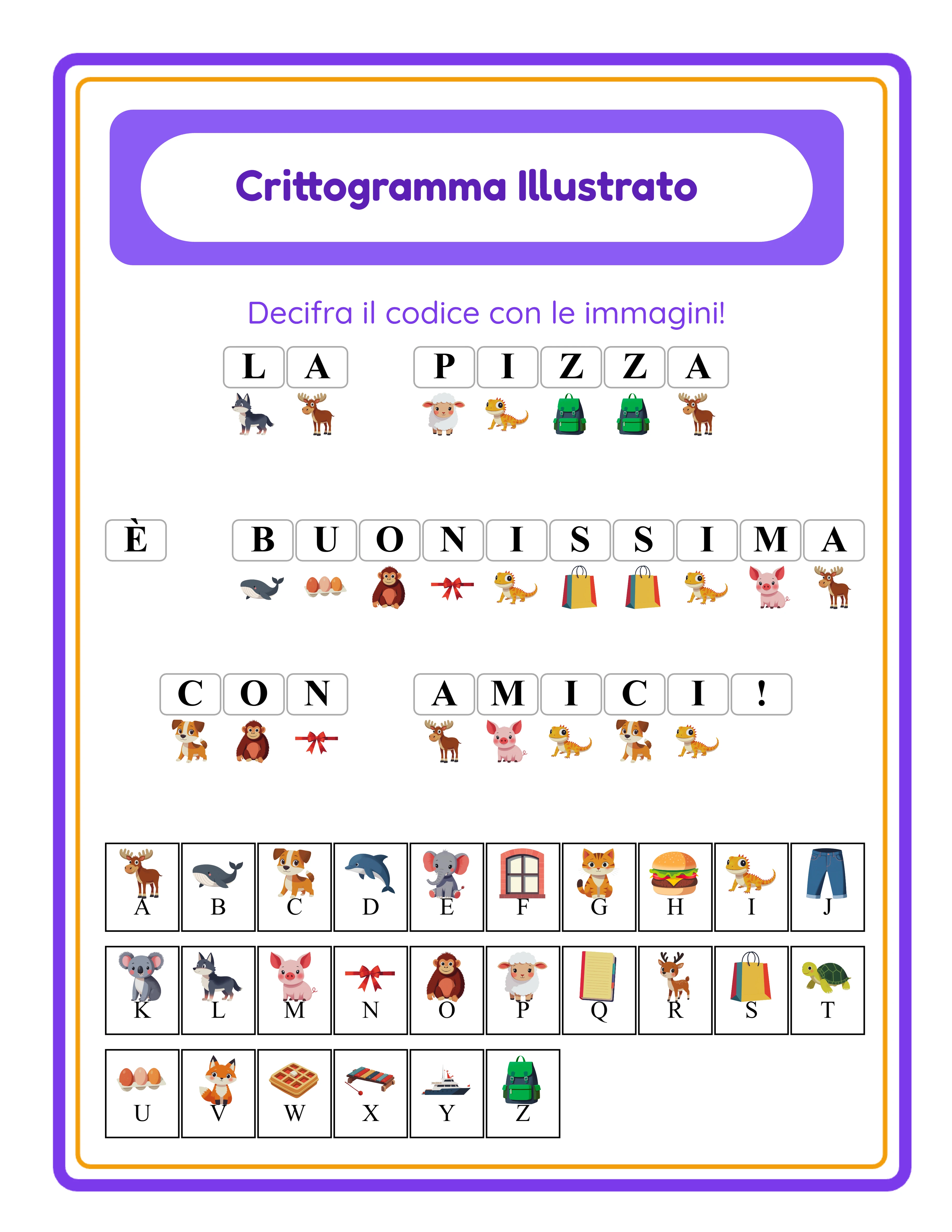 Chiave di risposta crittogramma con legenda lettere completa che mostra tutte le associazioni alfabeto-immagine in ordine