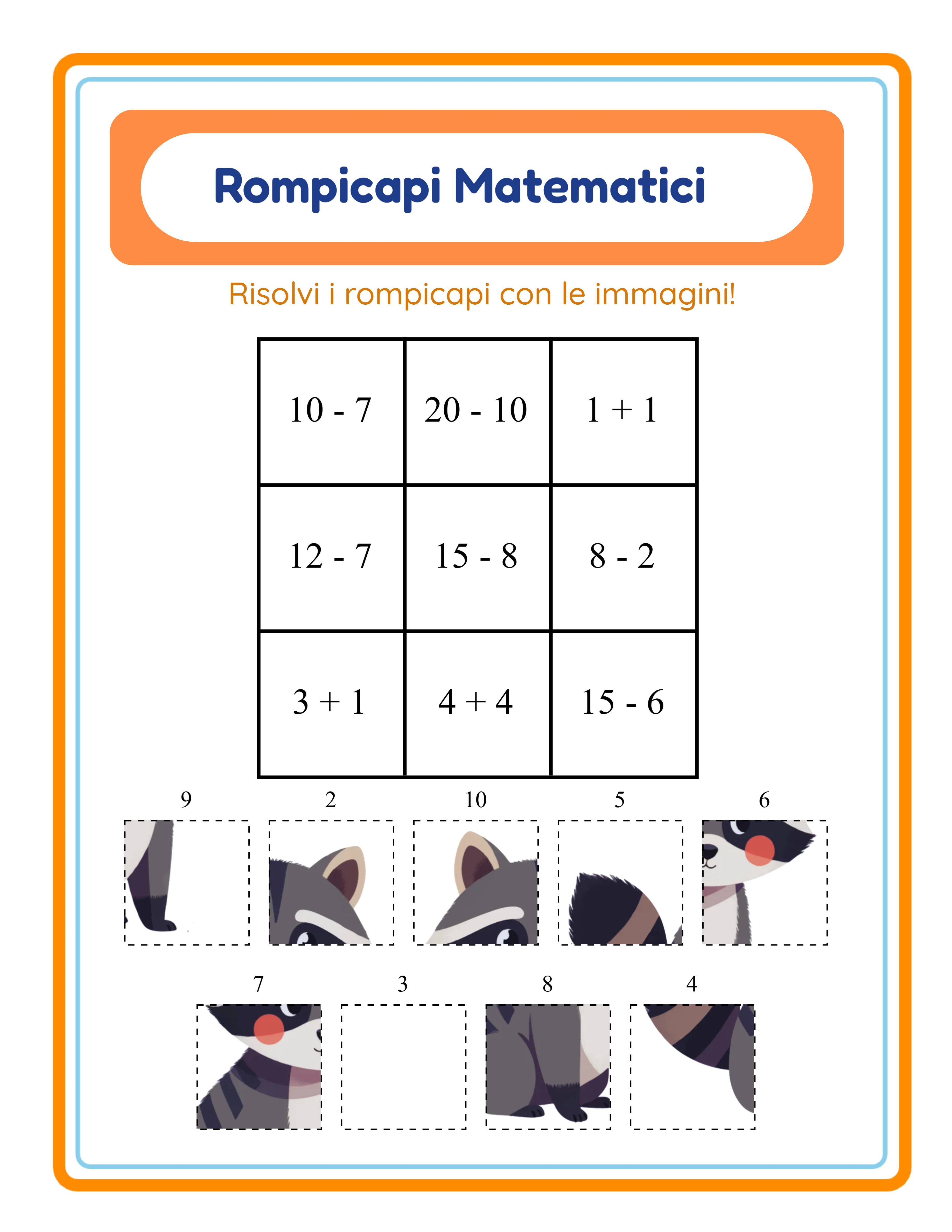 Puzzle matematico con griglia jigsaw contenente equazioni di addizione e pezzi mescolati con risposte