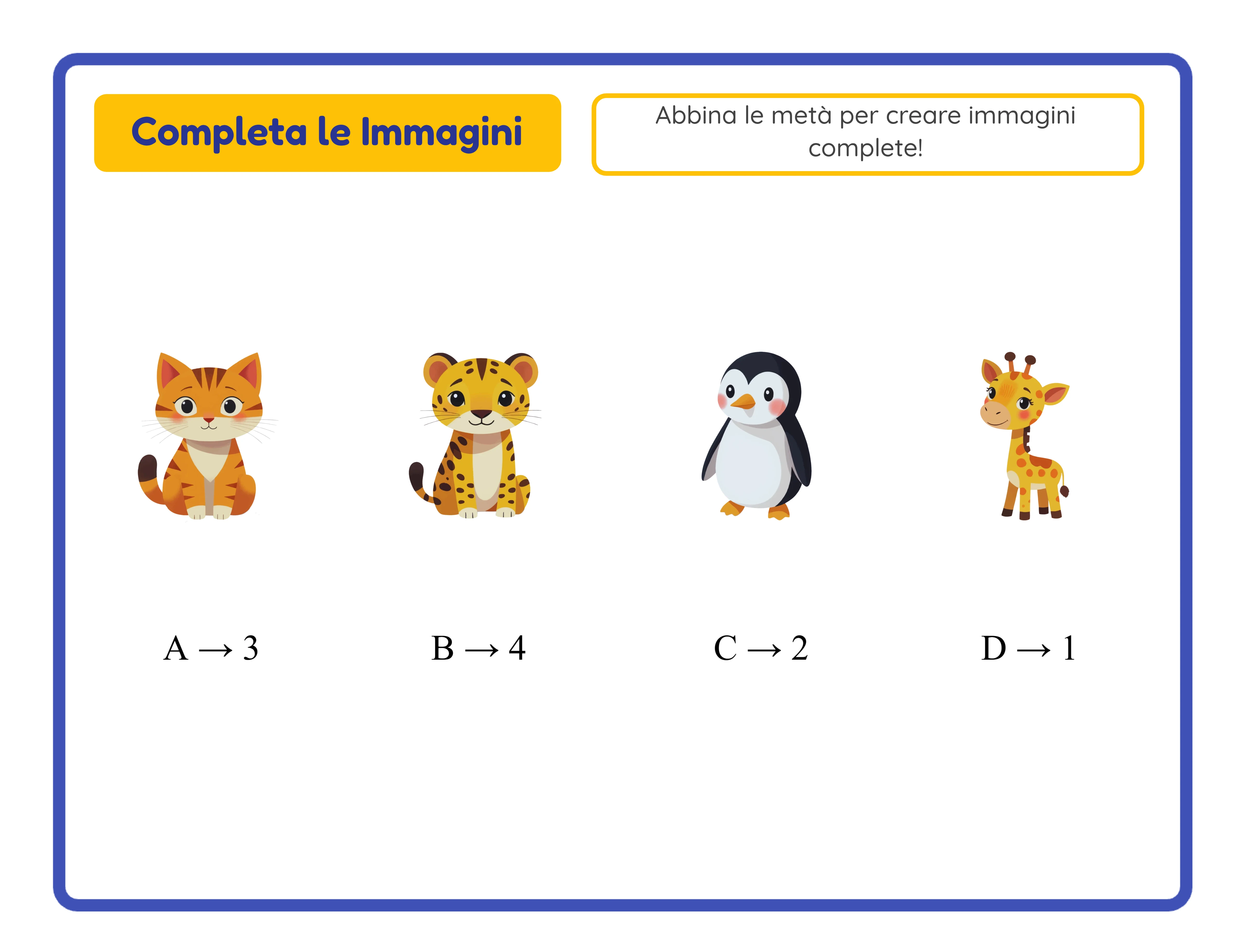 Chiave di risposta abbinamento ombre che mostra immagini originali accanto alle silhouette con etichette di abbinamento lettera-numero corrette come A a 2