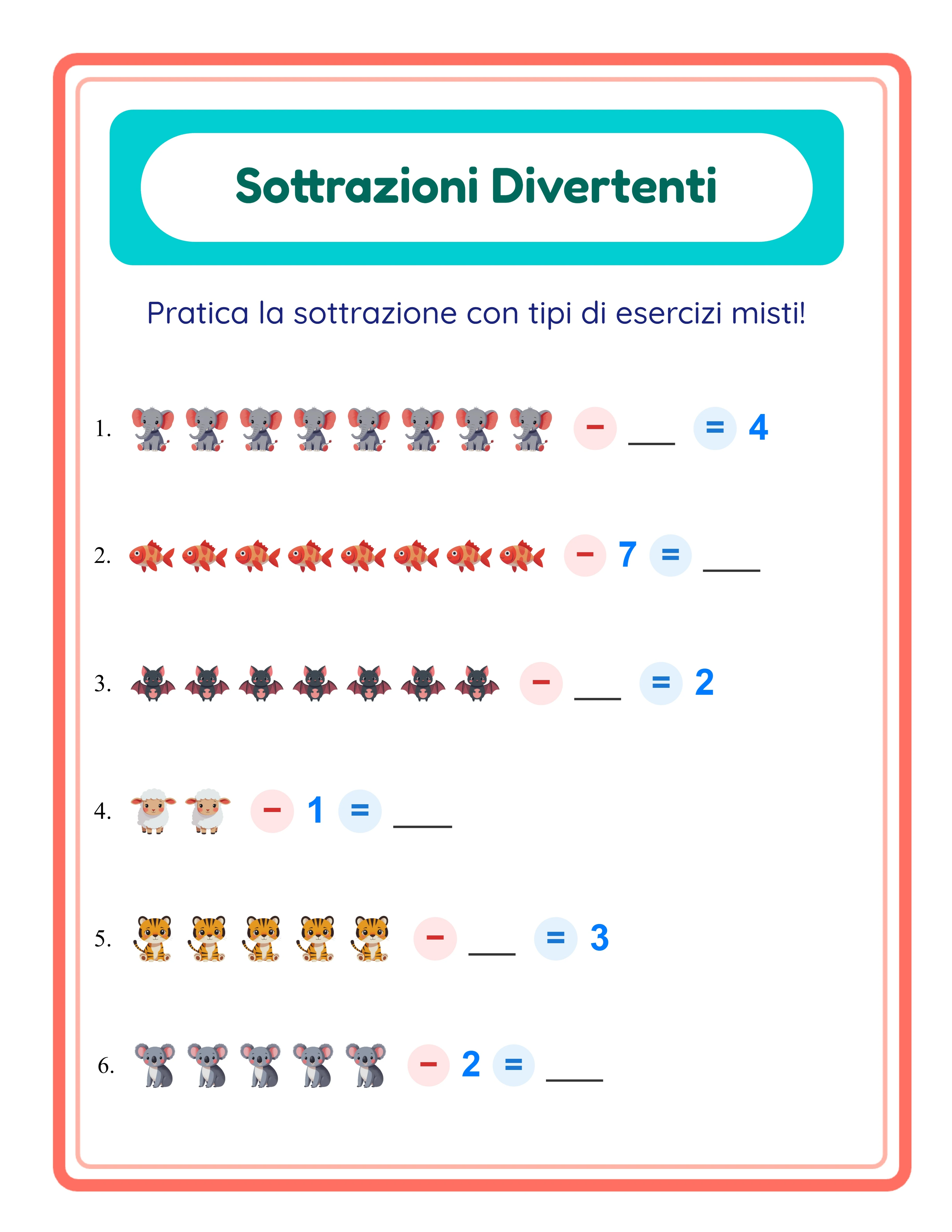 Scheda di sottrazione professionale — layout tematico con immagini