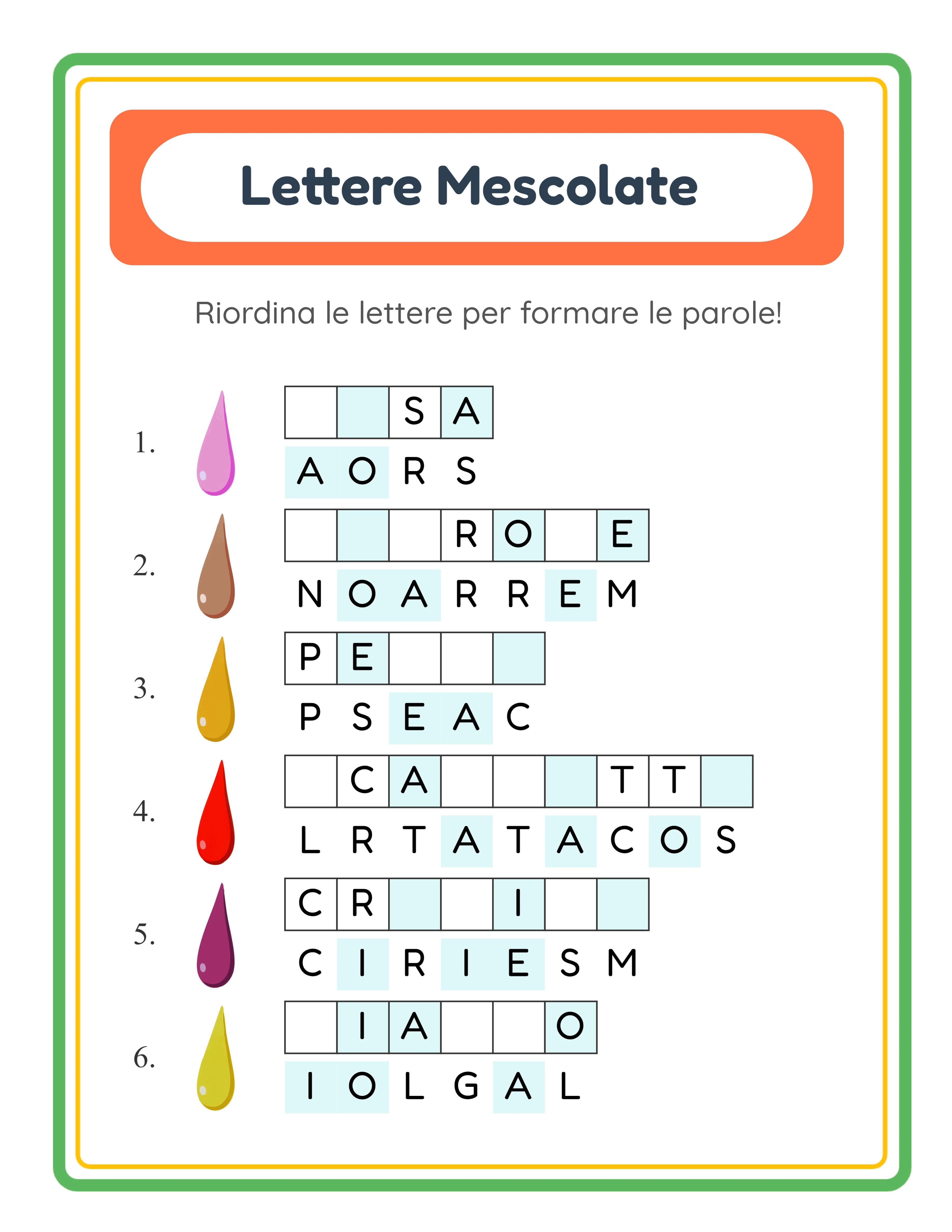Foglio risposte parole mescolate con tutte le lettere correttamente riordinate