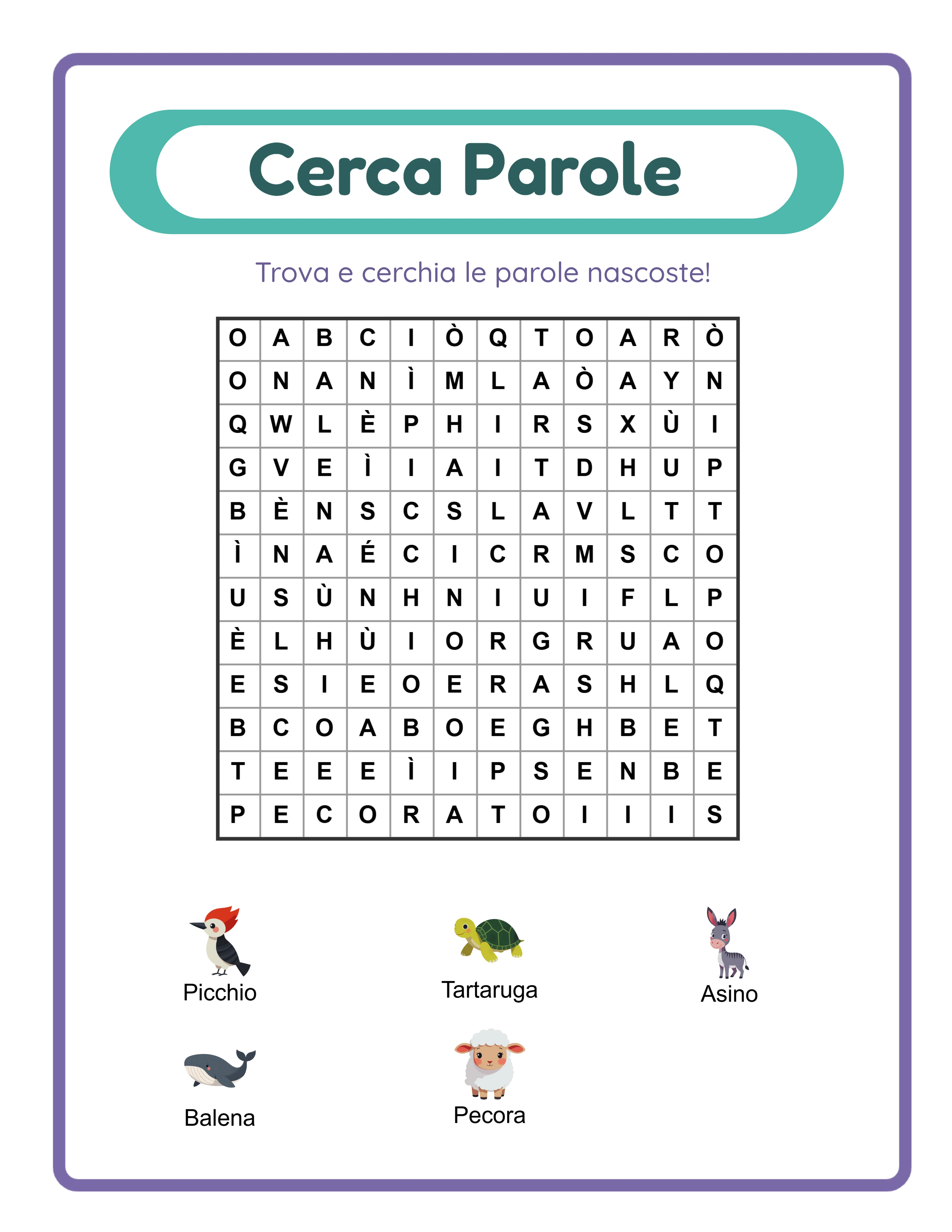 Scheda cerca parole con parole nascoste incorporate in una griglia di lettere e indizi immagine tematici per pratica puzzle vocabolario