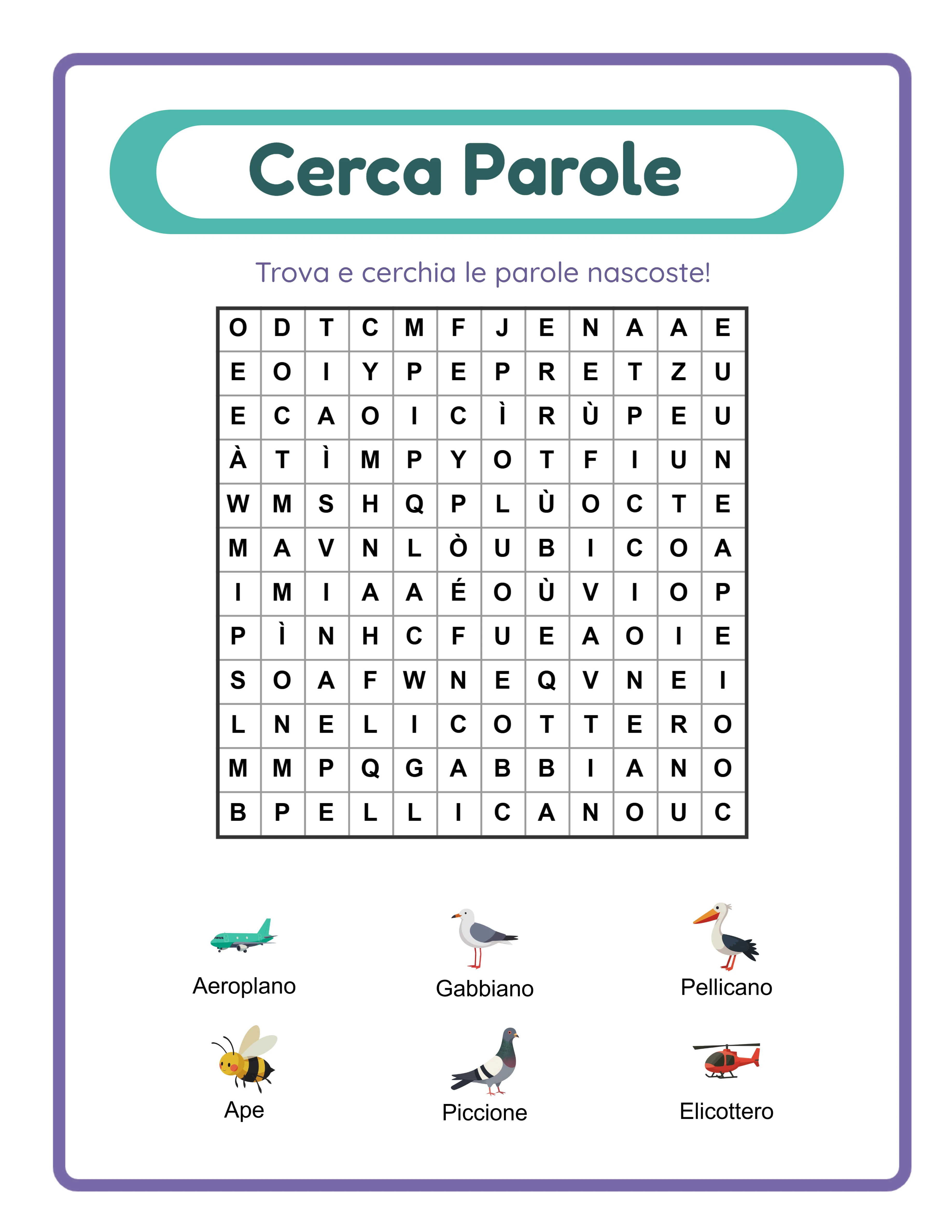 Cerca parole in primo piano — puzzle tematico colorato