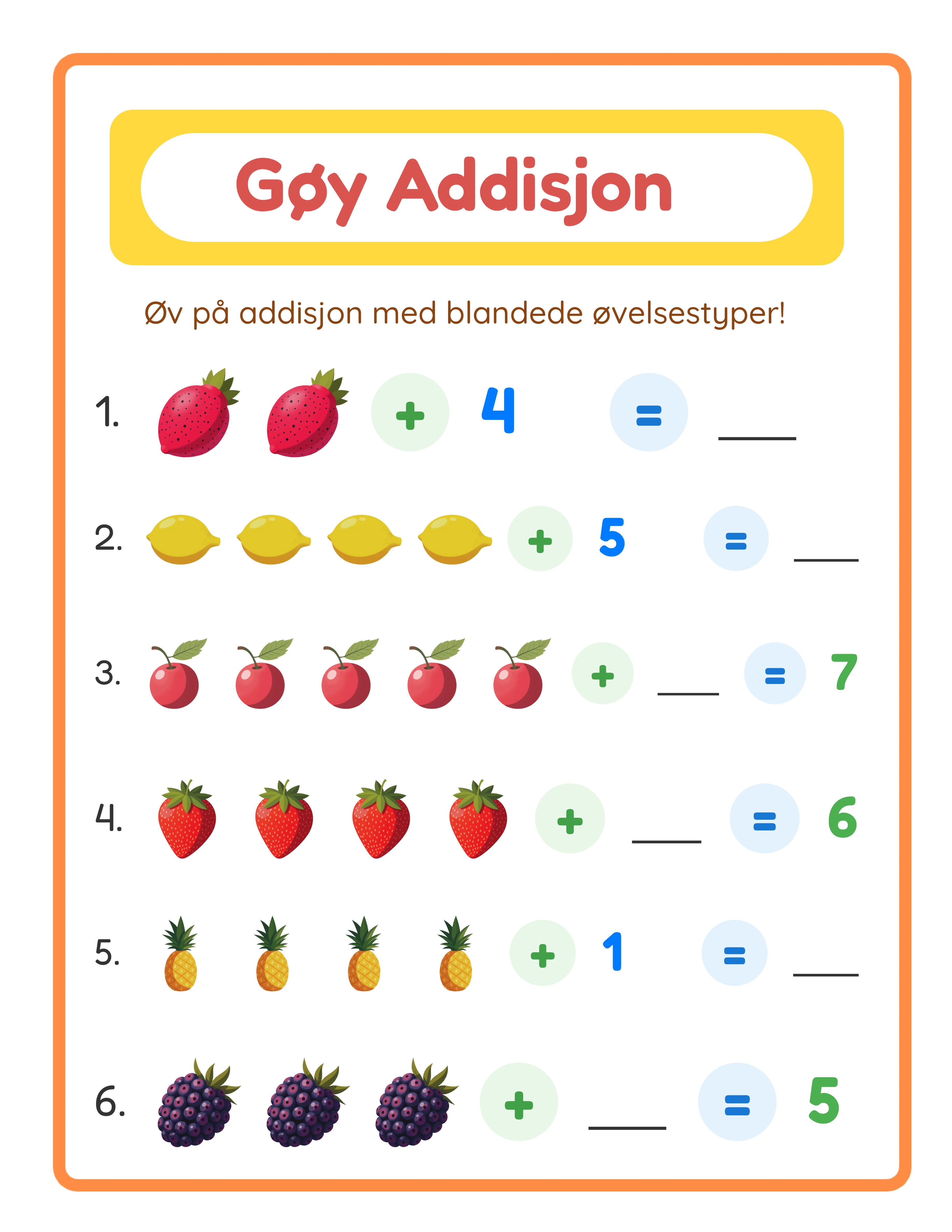 Professional addition worksheet — clean layout with themed images
