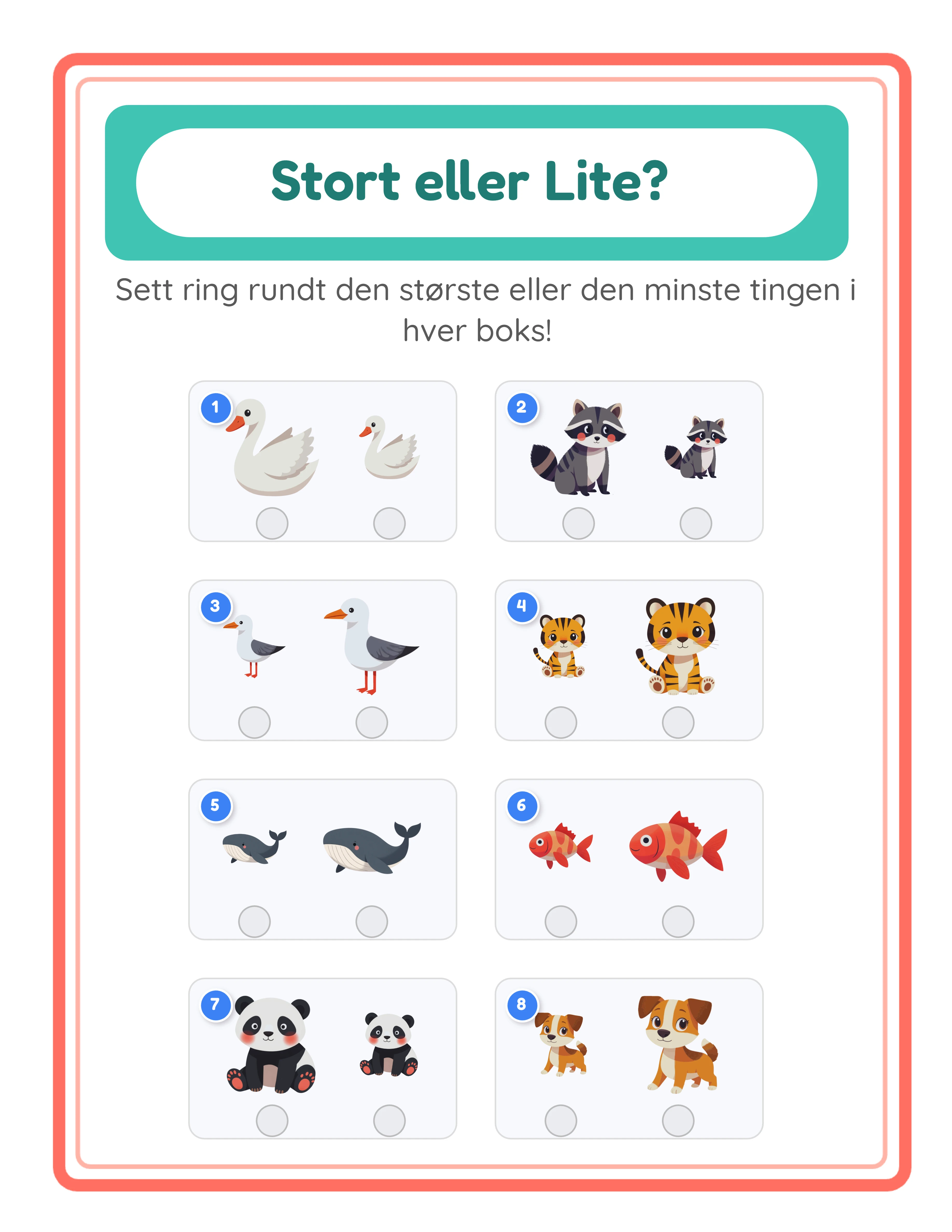Størrelsesordning arbeidsark med tre bilder nummerert fra minste til største