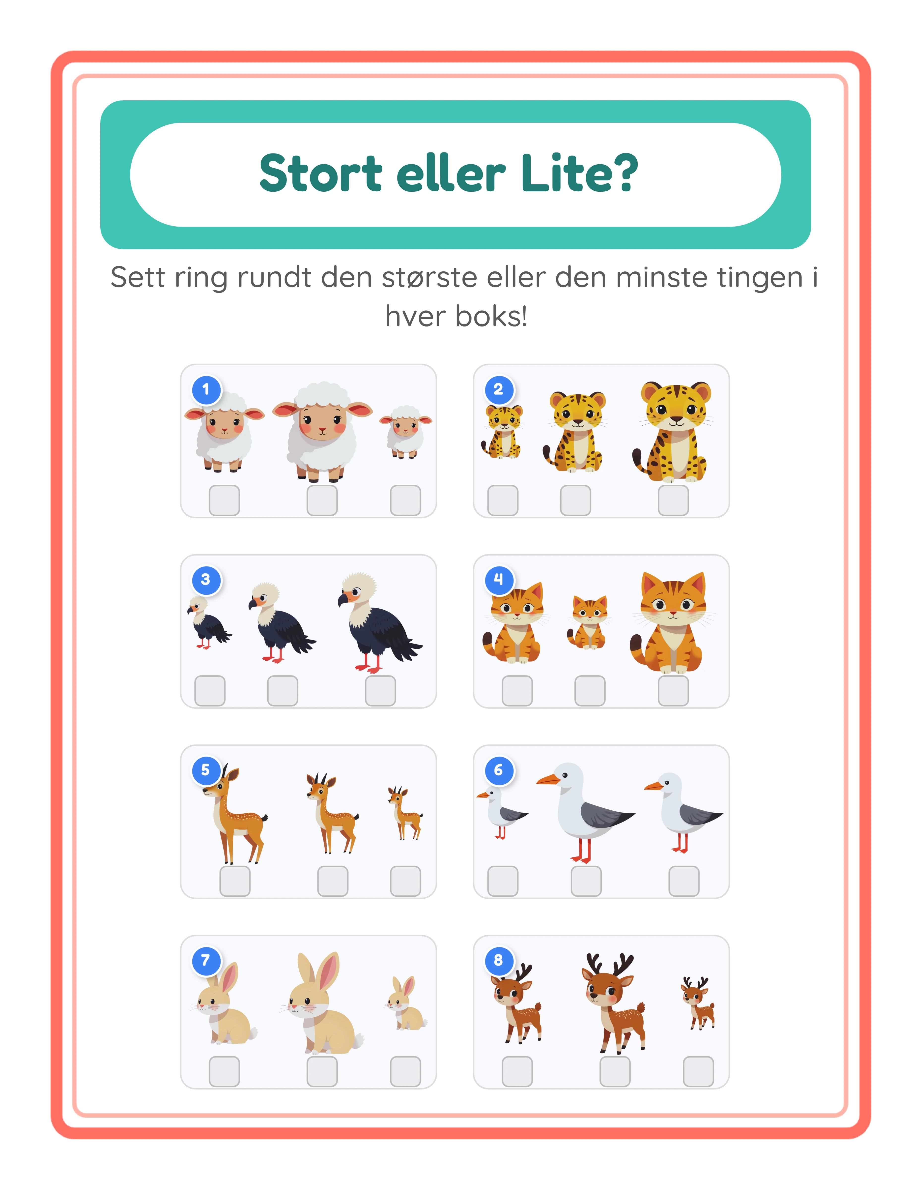 Størrelsessammenligning fasit med korrekte svar markert og sirklet for øyeblikkelig verifikasjon