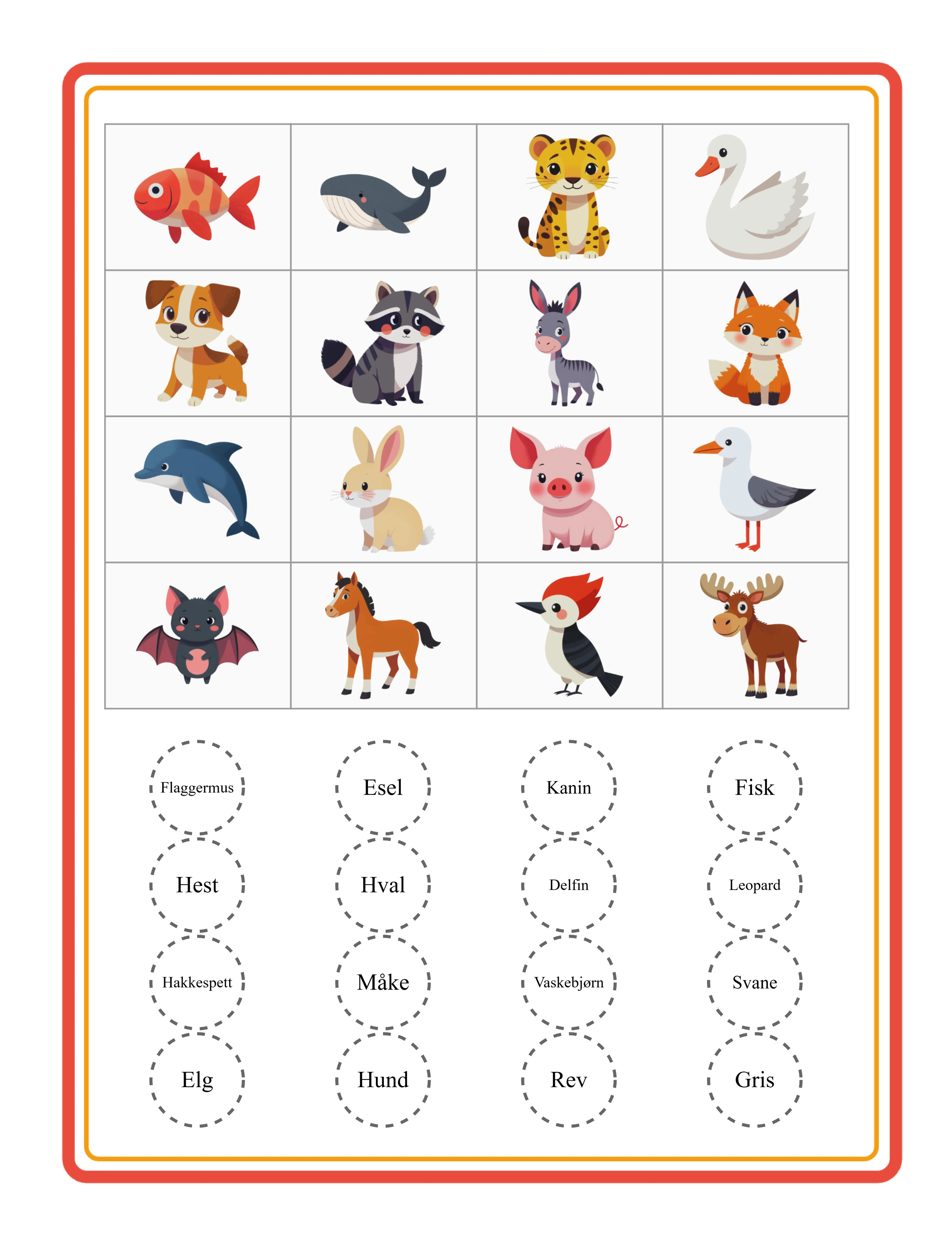 Bildebingokort med ordfylling som viser lokaliserte bildenavn i rutenettceller og ordbrikker for ordforråds bingo