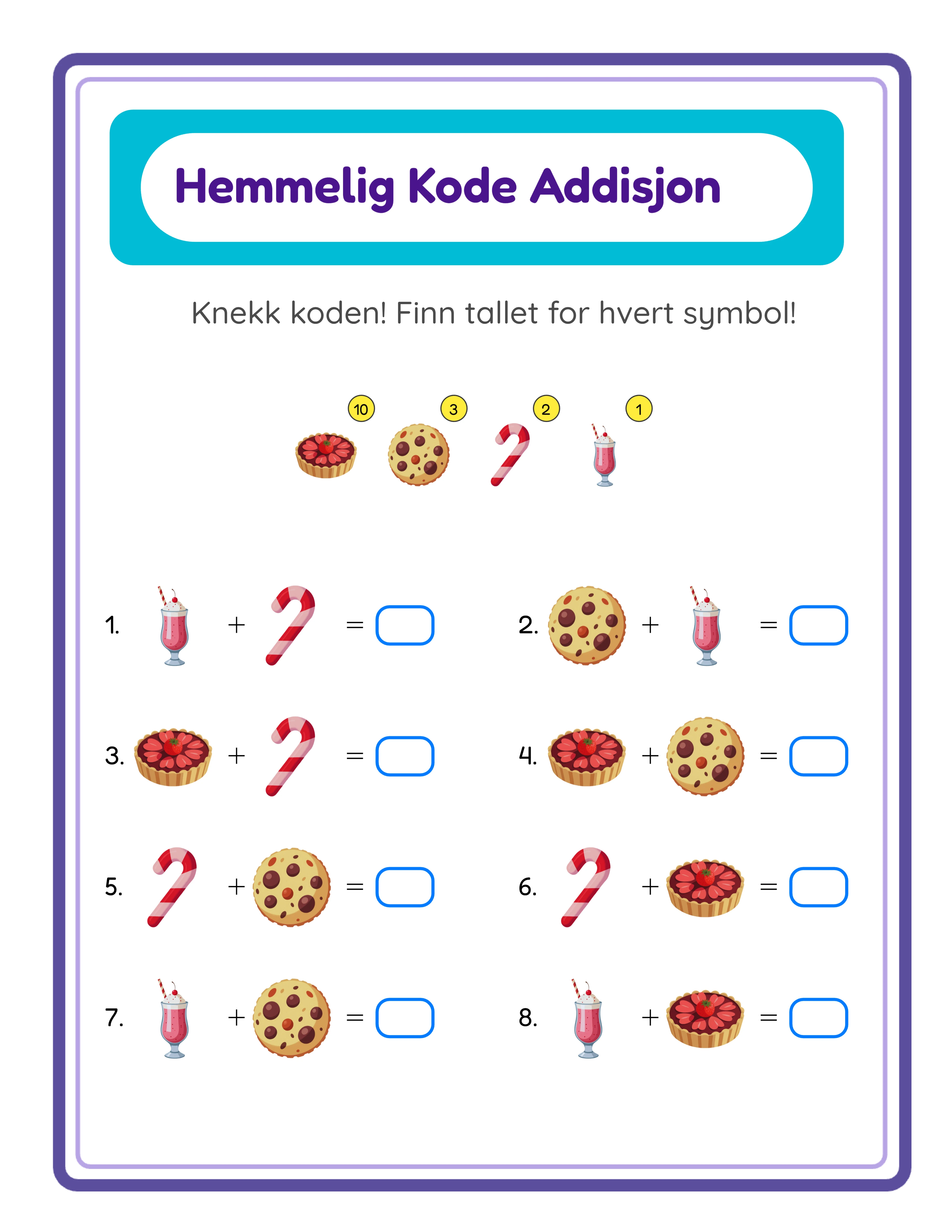Kodeaddisjons arbeidsark med Ord Avsloring-modus og tematiske bilder