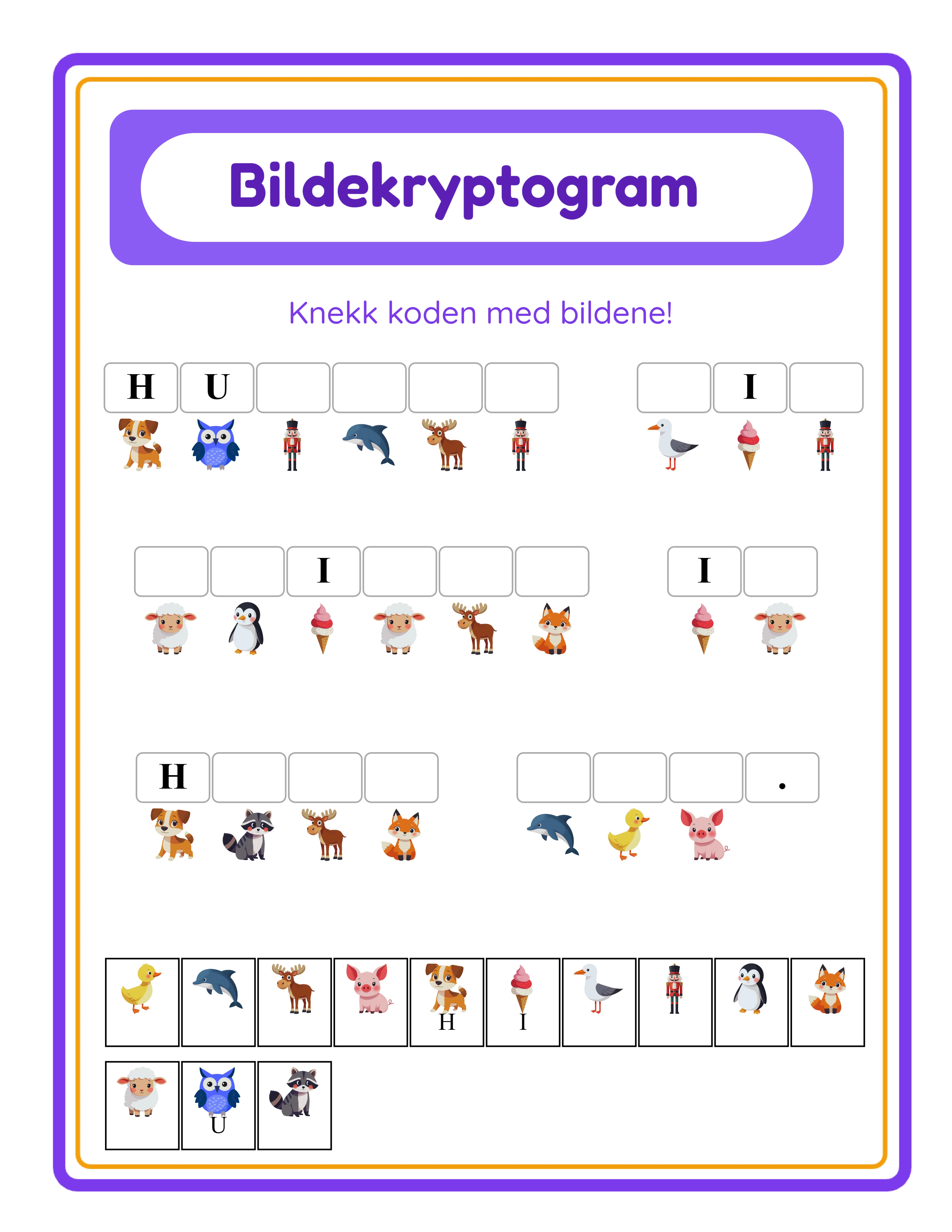 Kryptogram arbeidsark med dyretema bilder og Bokstaver å Avsløre tips for støttet vanskelighetsgrad
