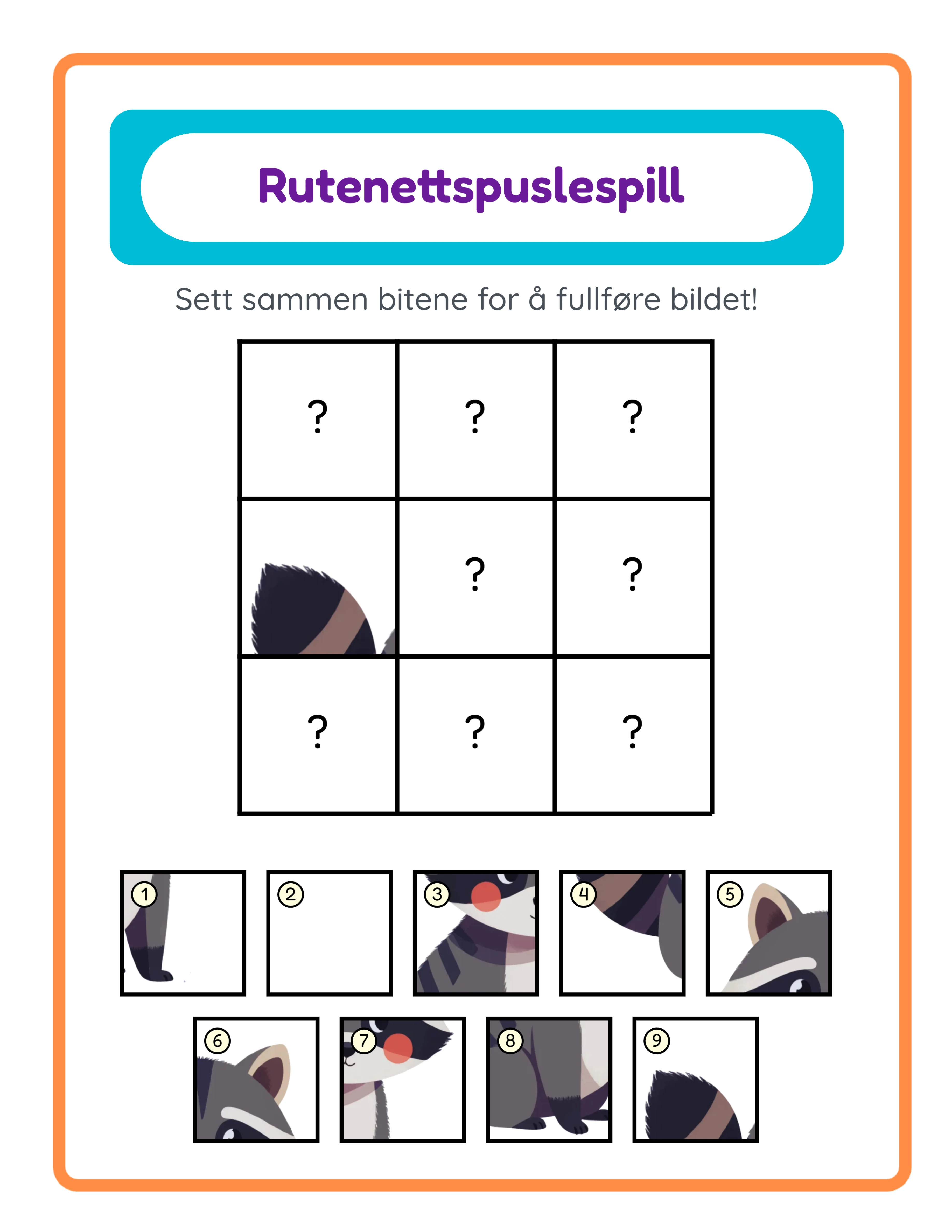 Rutenettkobling arbeidsark med enkelt bilde delt inn i fliser, ledetrådsceller synlige og nummerert flisepalett for romlig resonnementspuslespill
