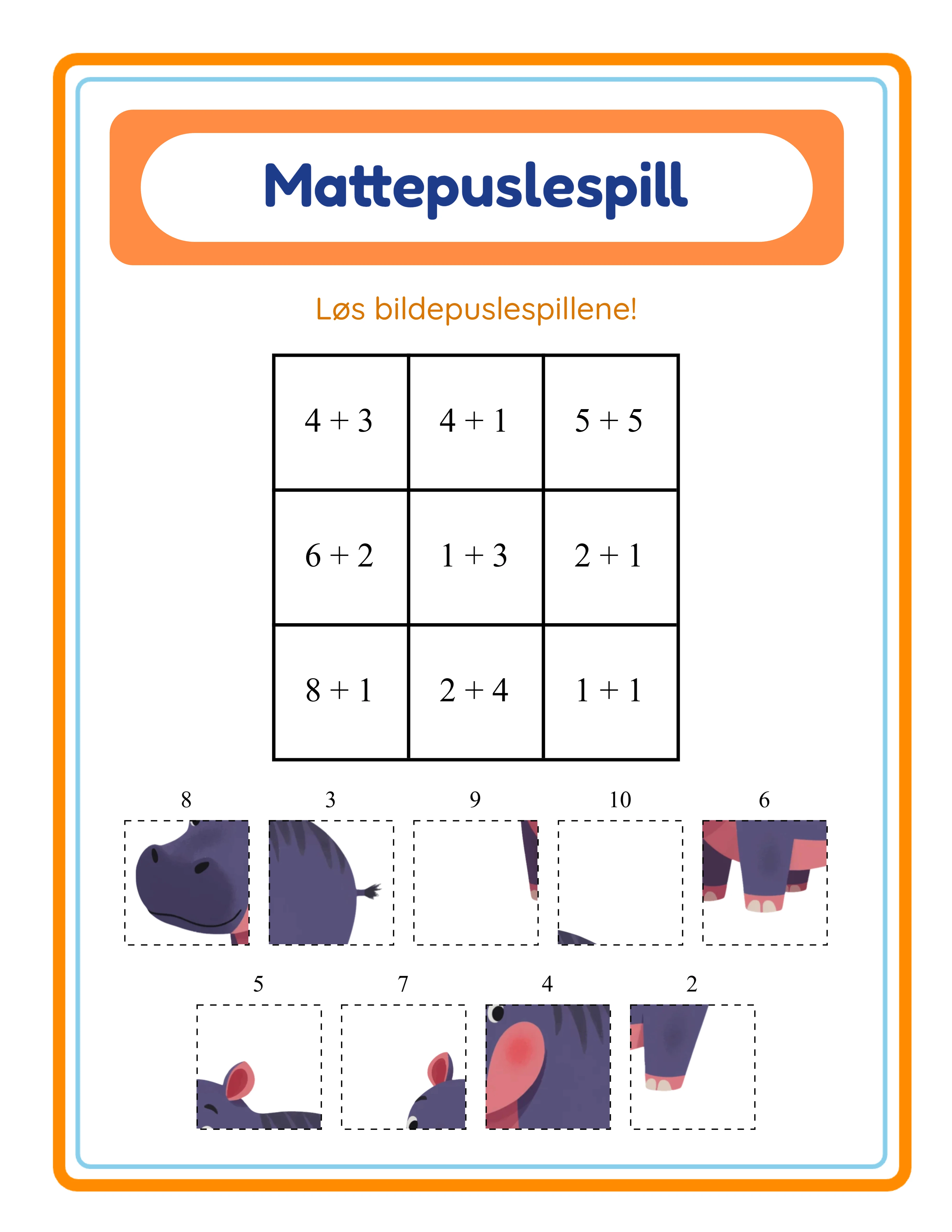Matematikkarbeidsark med subtraksjonsligninger og blandede sifferbrikker under rutenettet