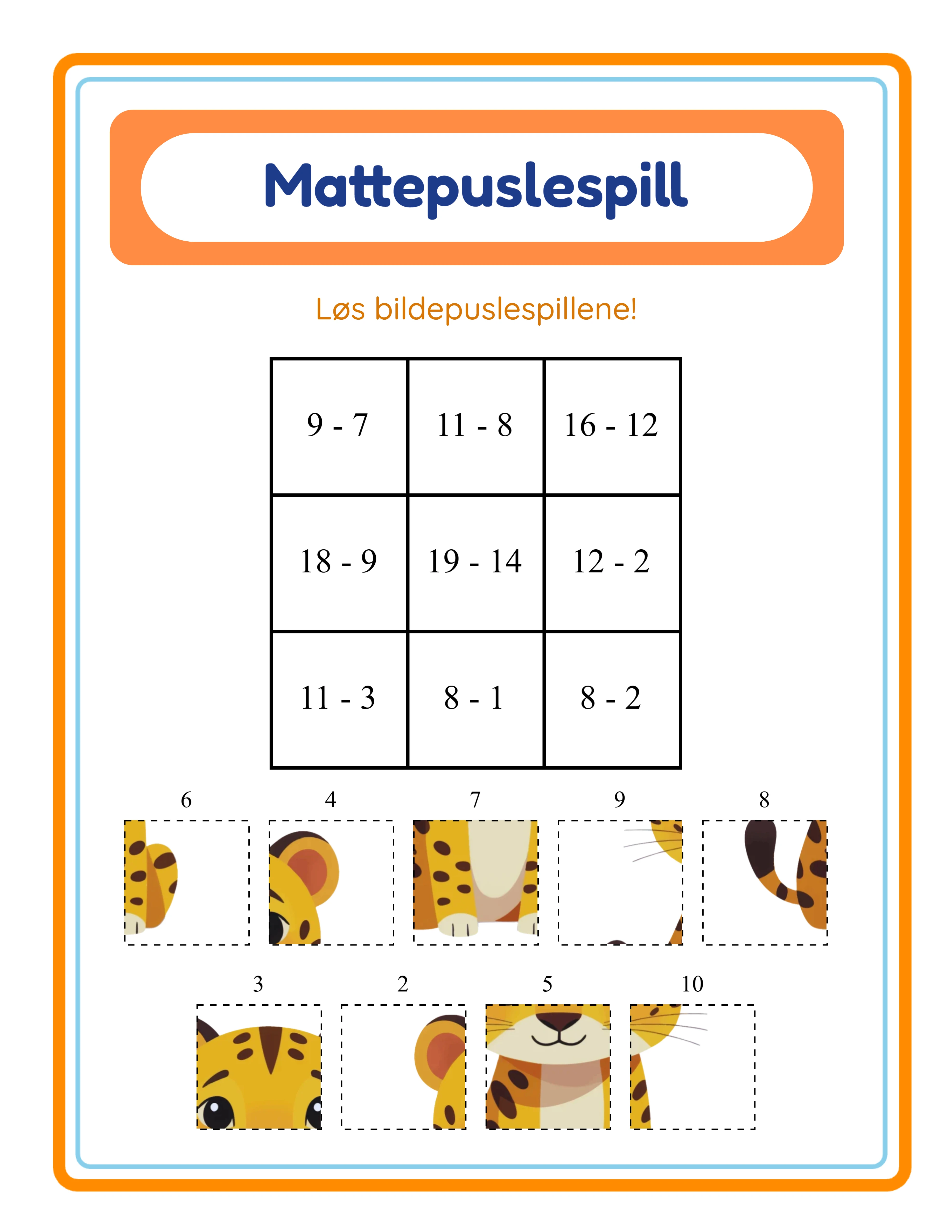 Blandet addisjons- og subtraksjons mattepuslespill med storre rutenett for avanserte brukere