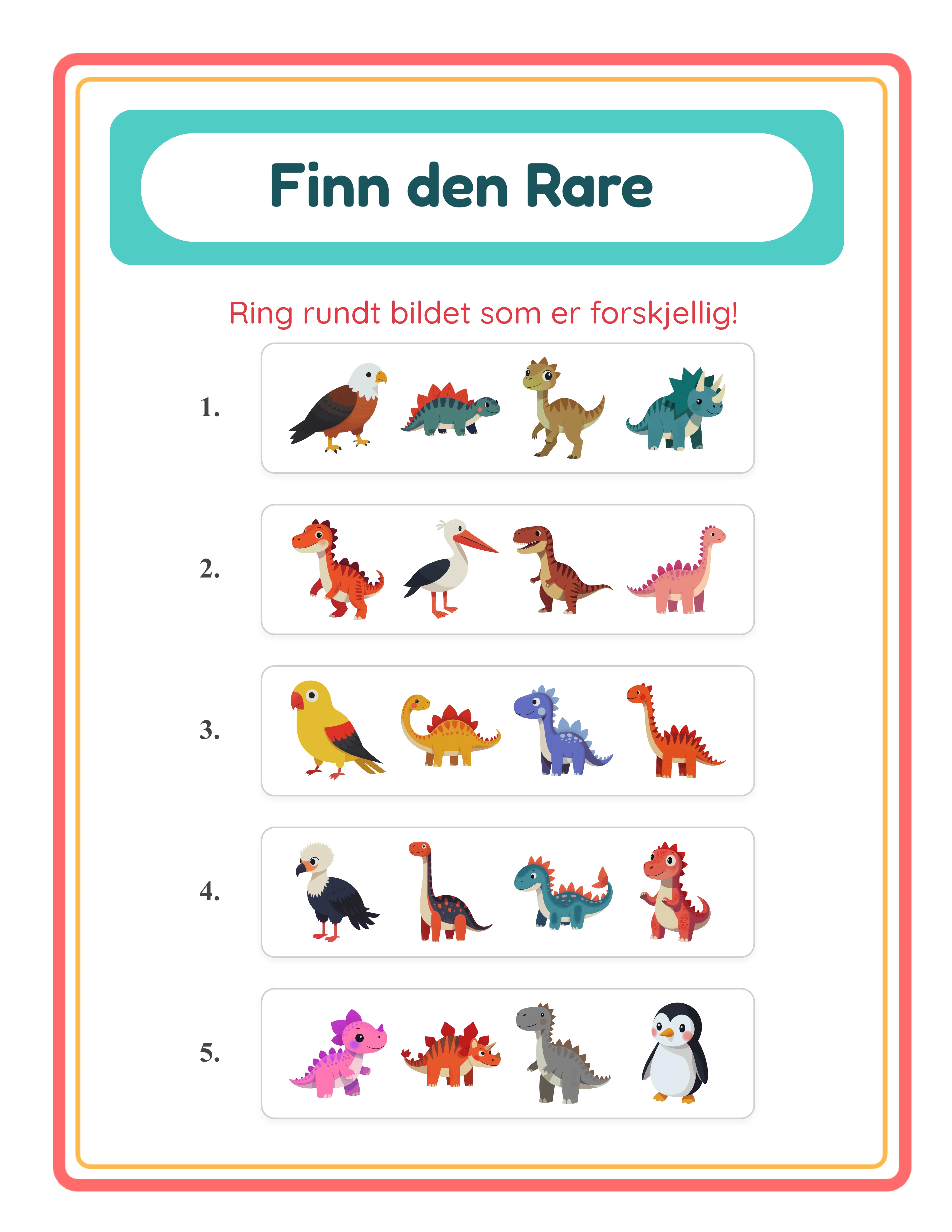 Finn den ulike fasit med røde sirkelkonturer tegnet rundt det ulike objektet i hver øvelsesrad med strekbredde skalert til bildestørrelse