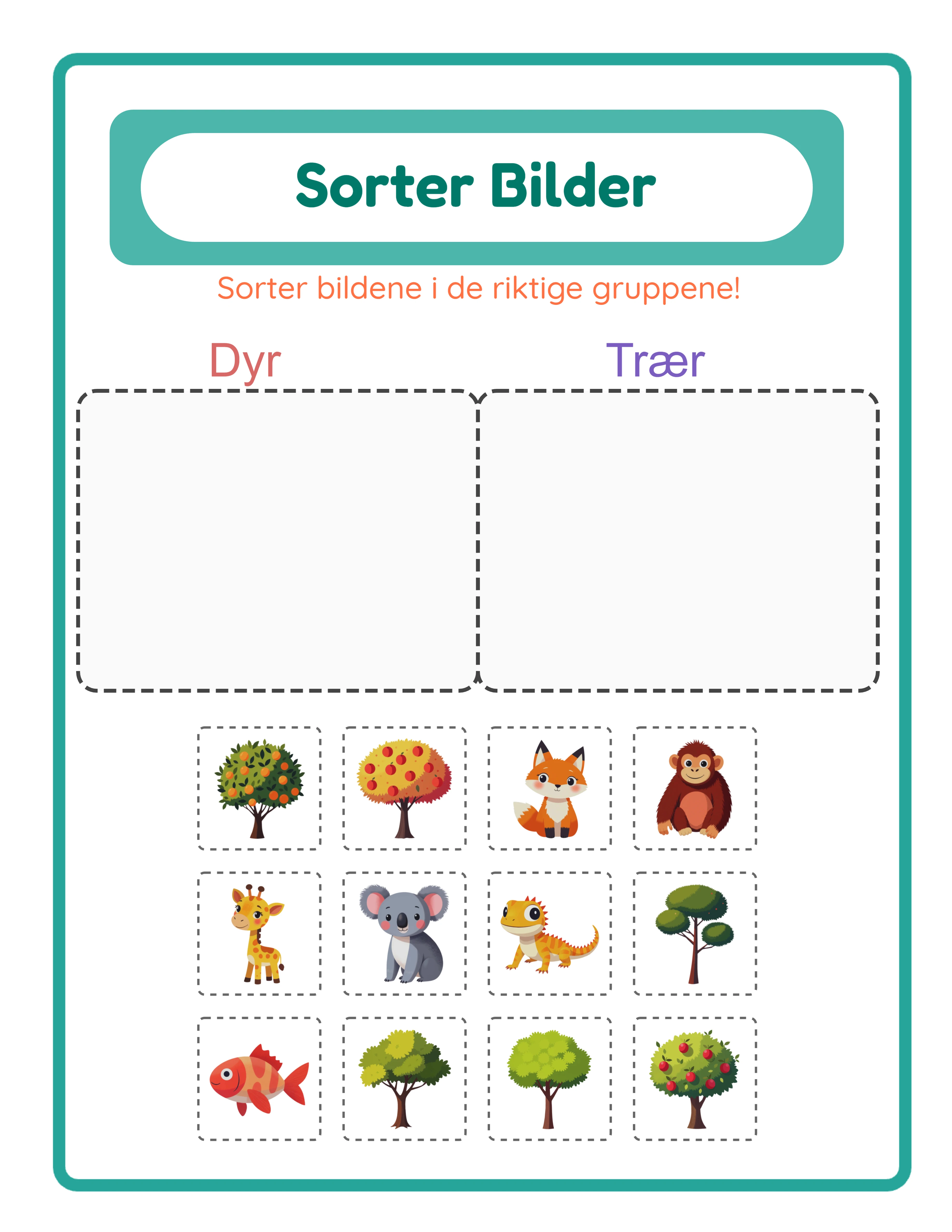 To-kategori sorteringsarbeidsark med stiplede kategoriramme og stokket klippegrid