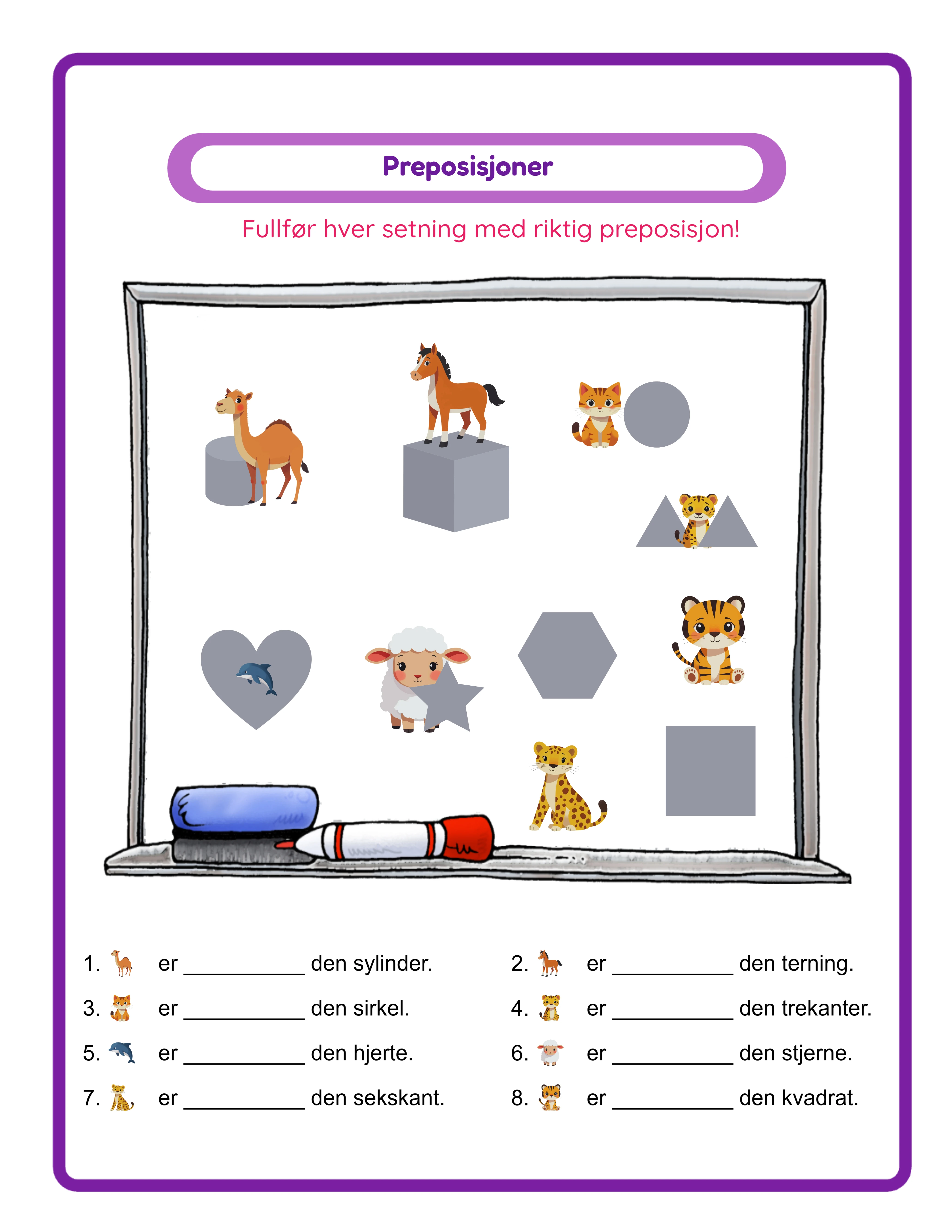 Prepositions printable worksheet — themed images