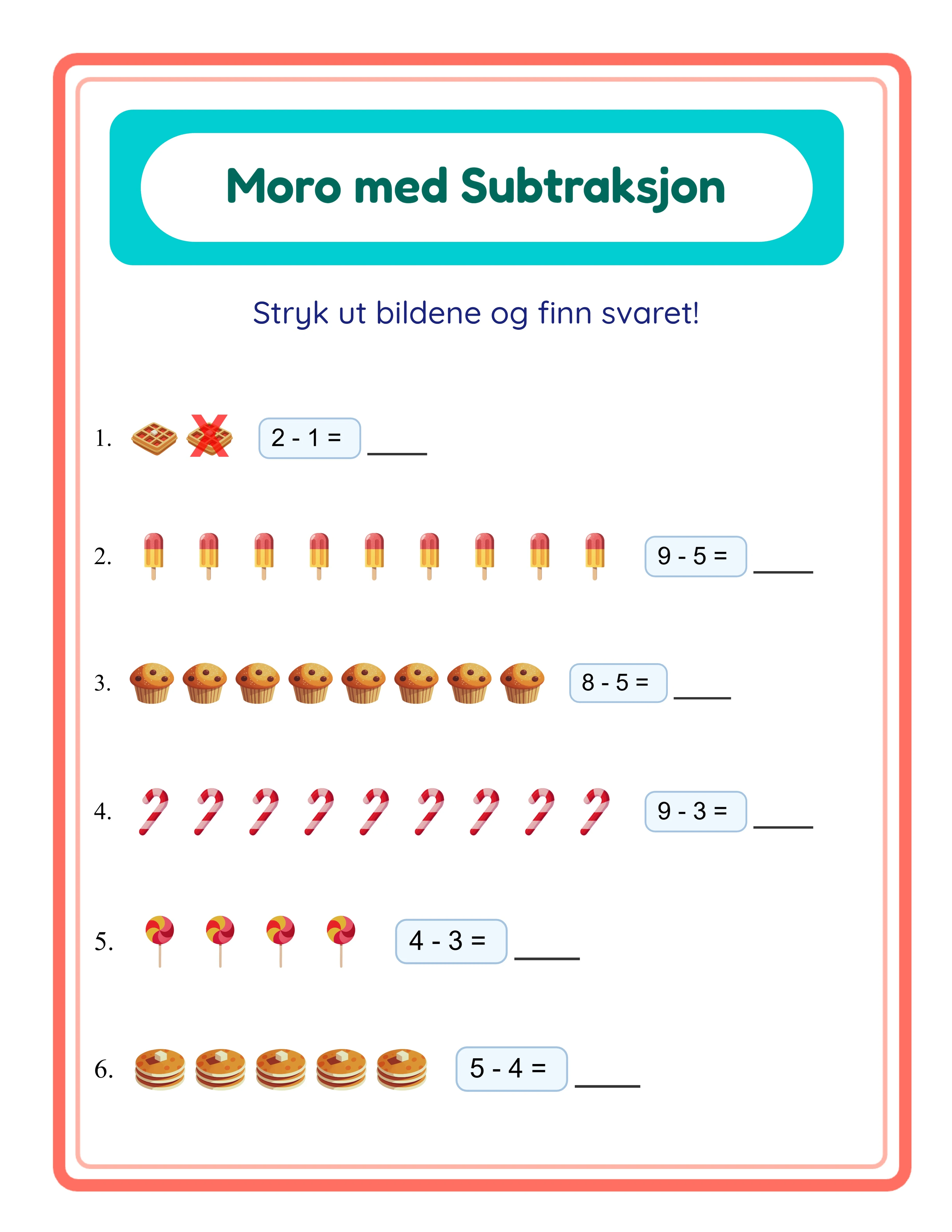 Subtraksjons arbeidsark med Bilde minus Tall-modus og tematiske bilder