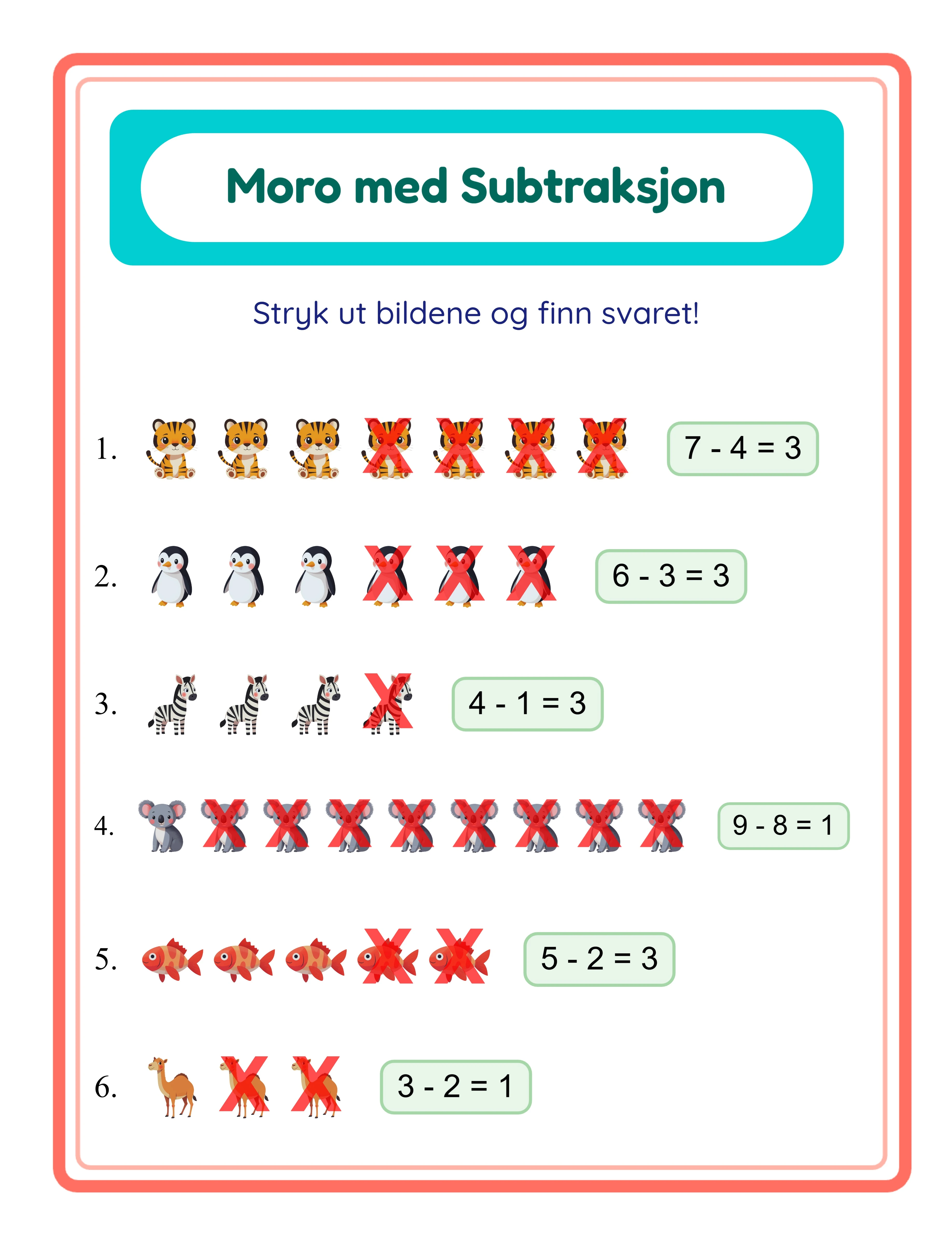 Subtraction printable answer key — solutions included