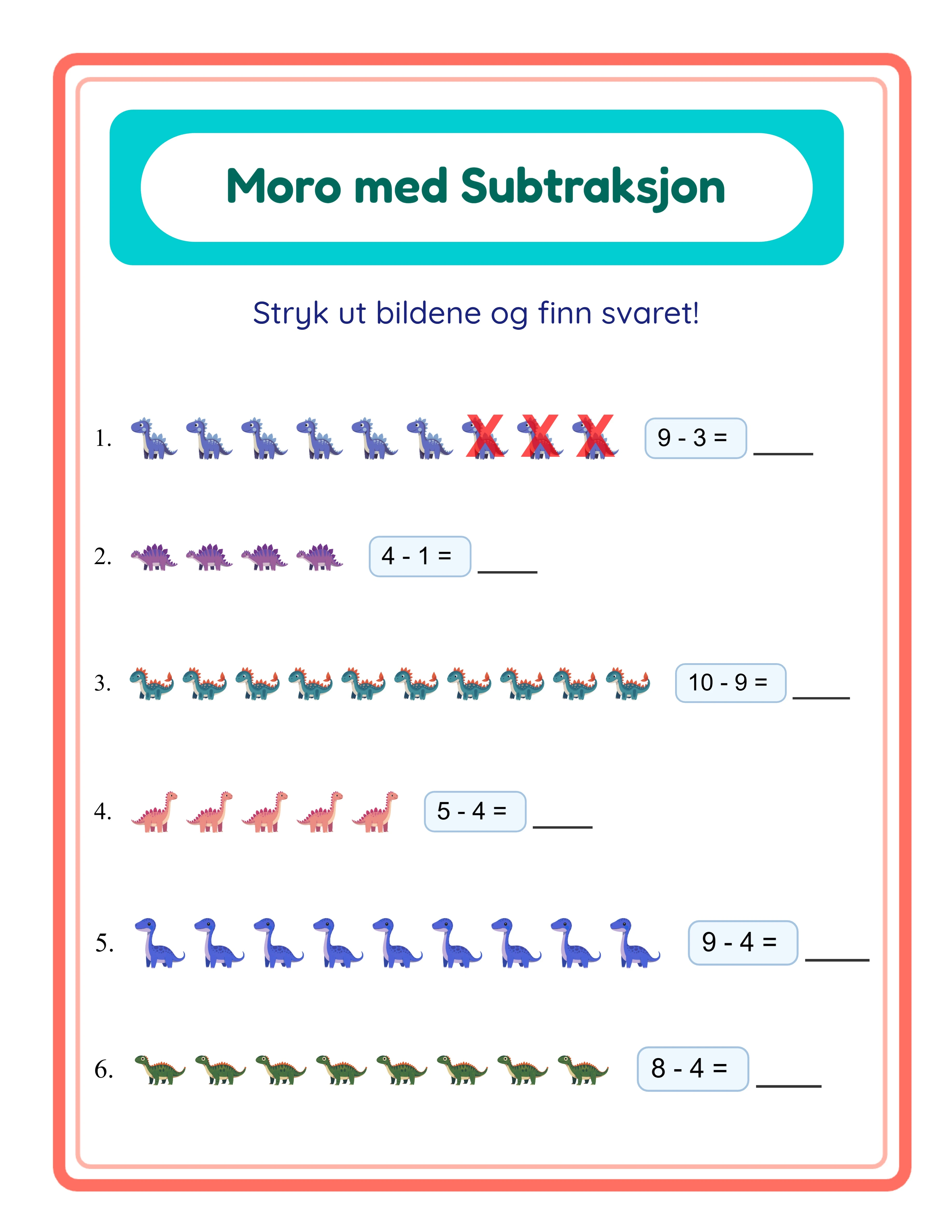 Subtraction printable worksheet — mixed problems with themed visuals