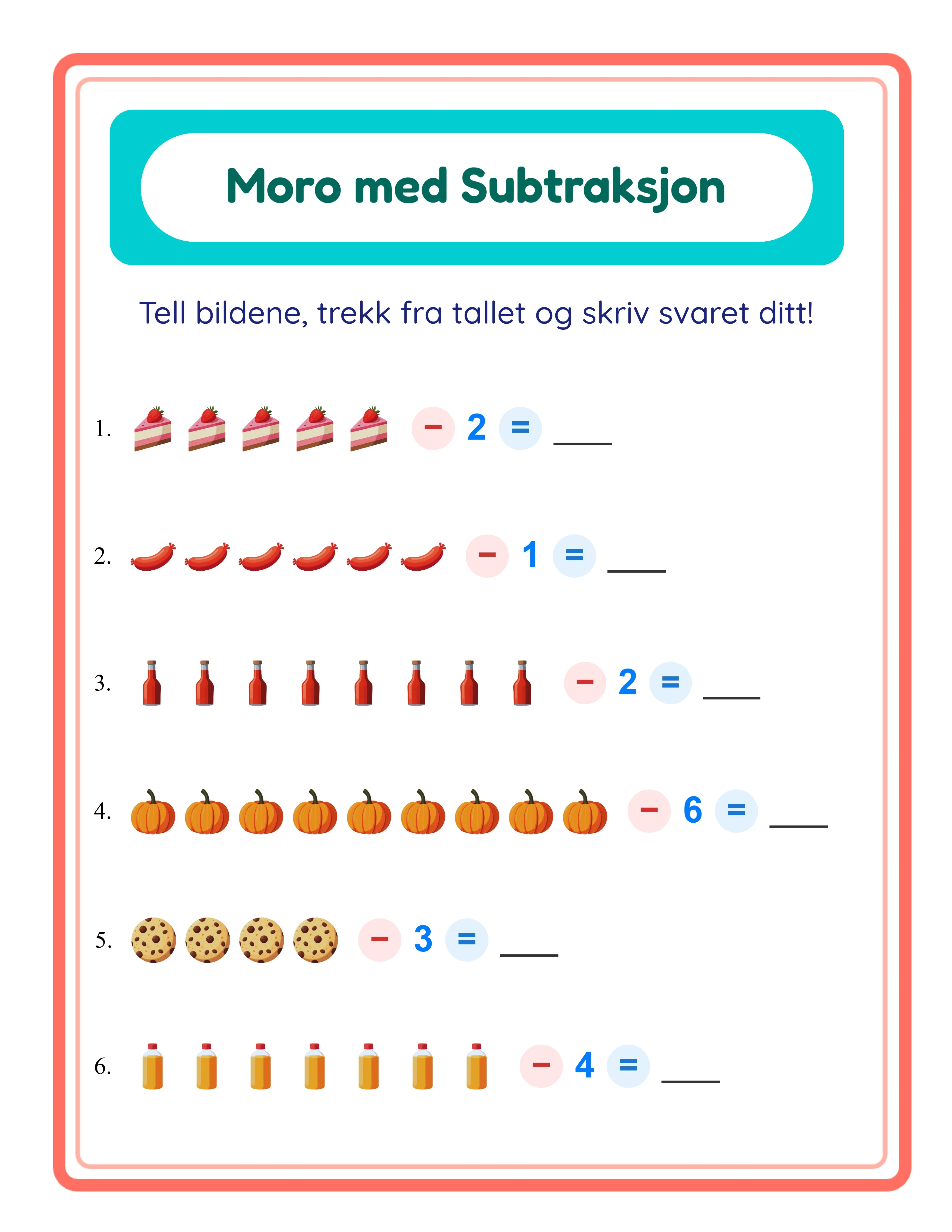 Featured subtraction printable worksheet — colorful themed pictures
