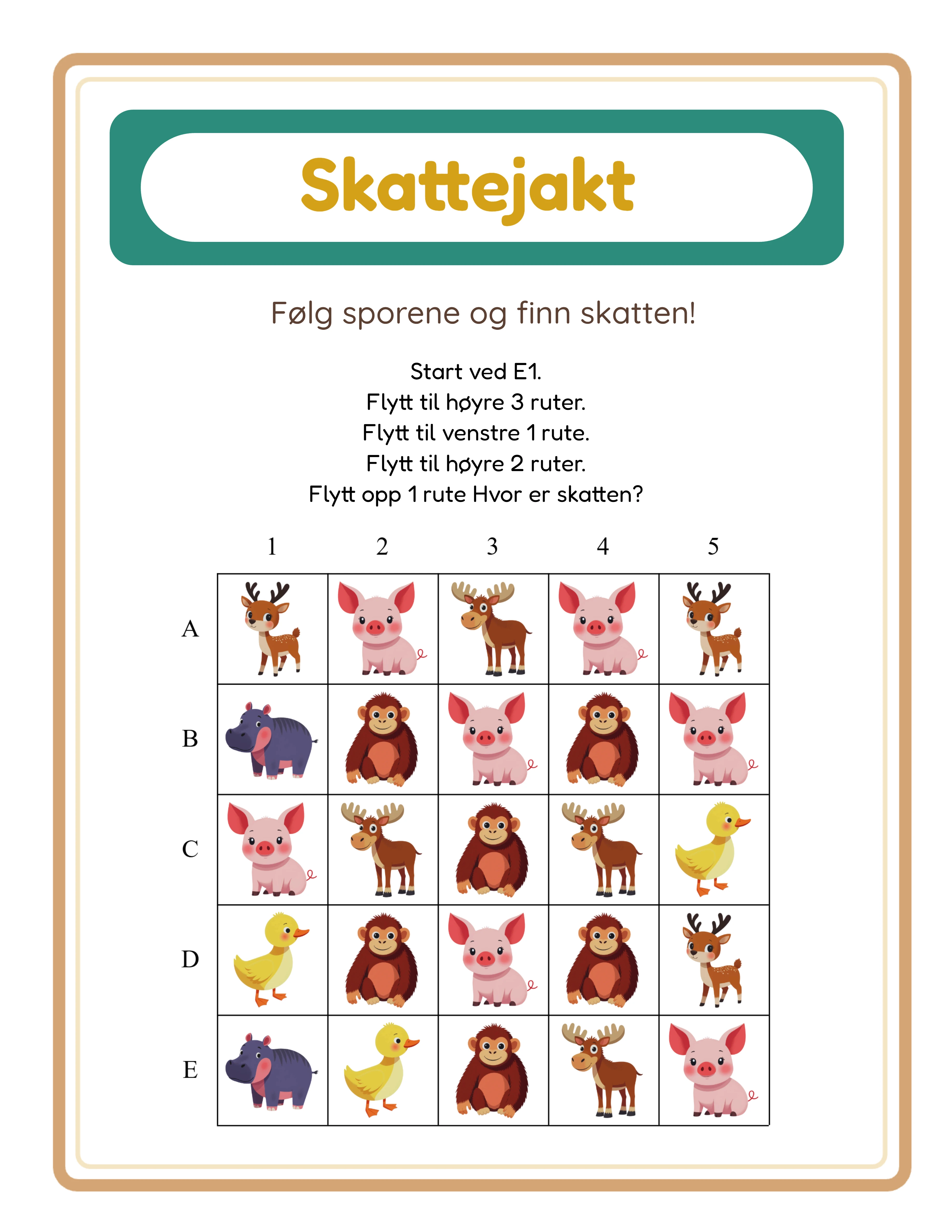 Skattejakt veifinnende arbeidsark med 5 ganger 5 koordinatrutenett, 6 spredte tematiske bilder som landemerker, retningsledetråder og skattejakt-tematisert tealoverskrift med gyllen tittel