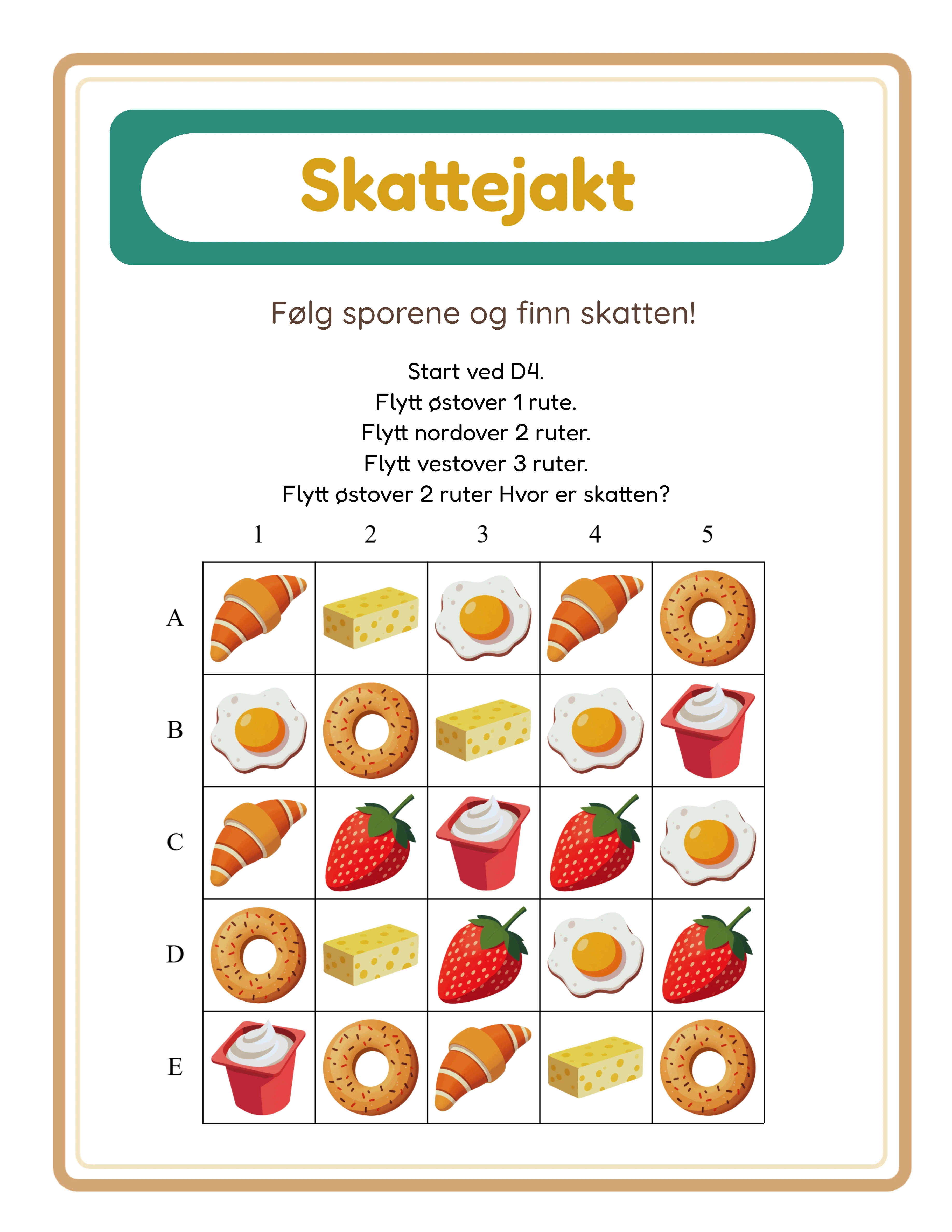 Skattejakt fasit med endelig skattecelle markert i lysegul på 5 ganger 5 koordinatrutenettet