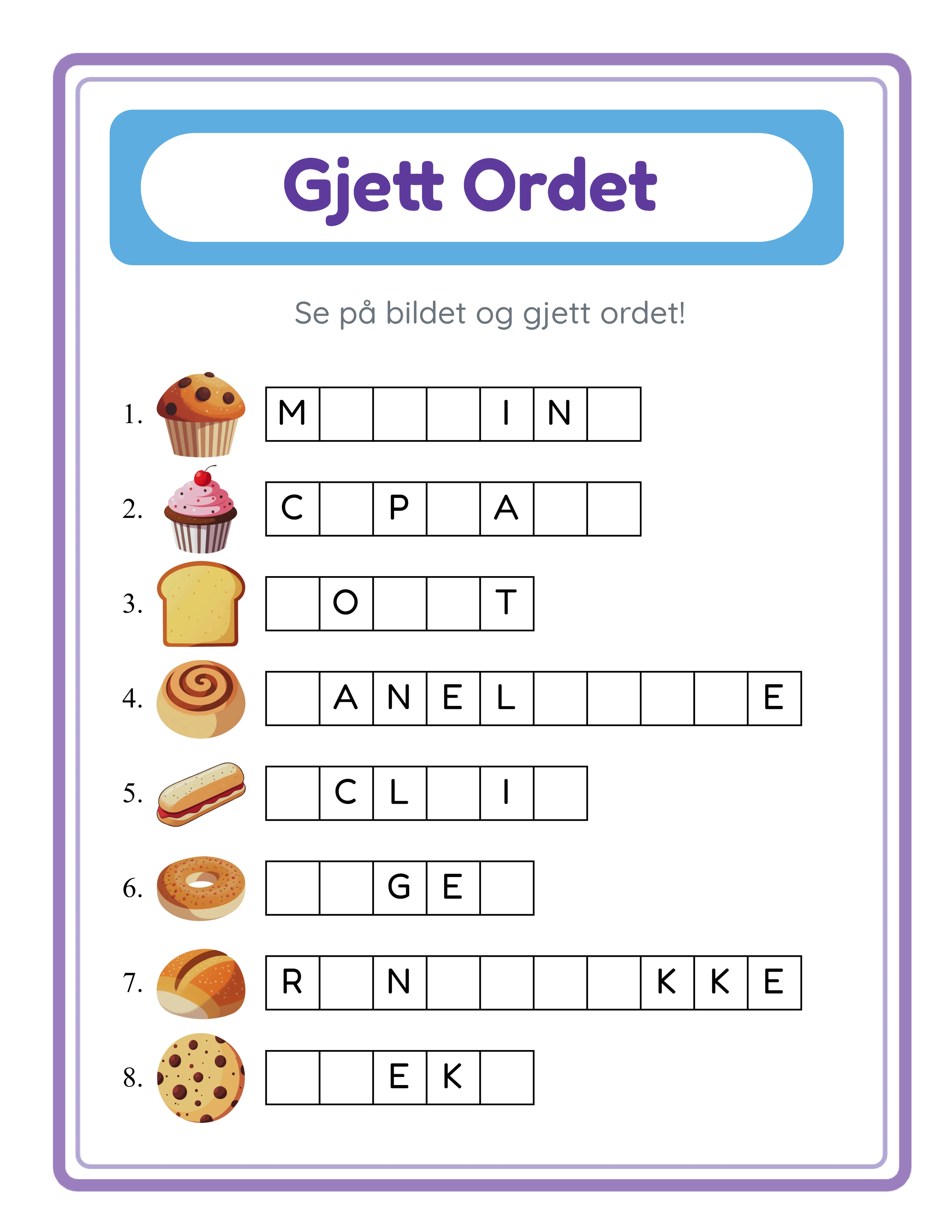 Gjett ordet arbeidsark som viser flere vanskelighetsgrader med forskjellige mengder avslørte bokstaver