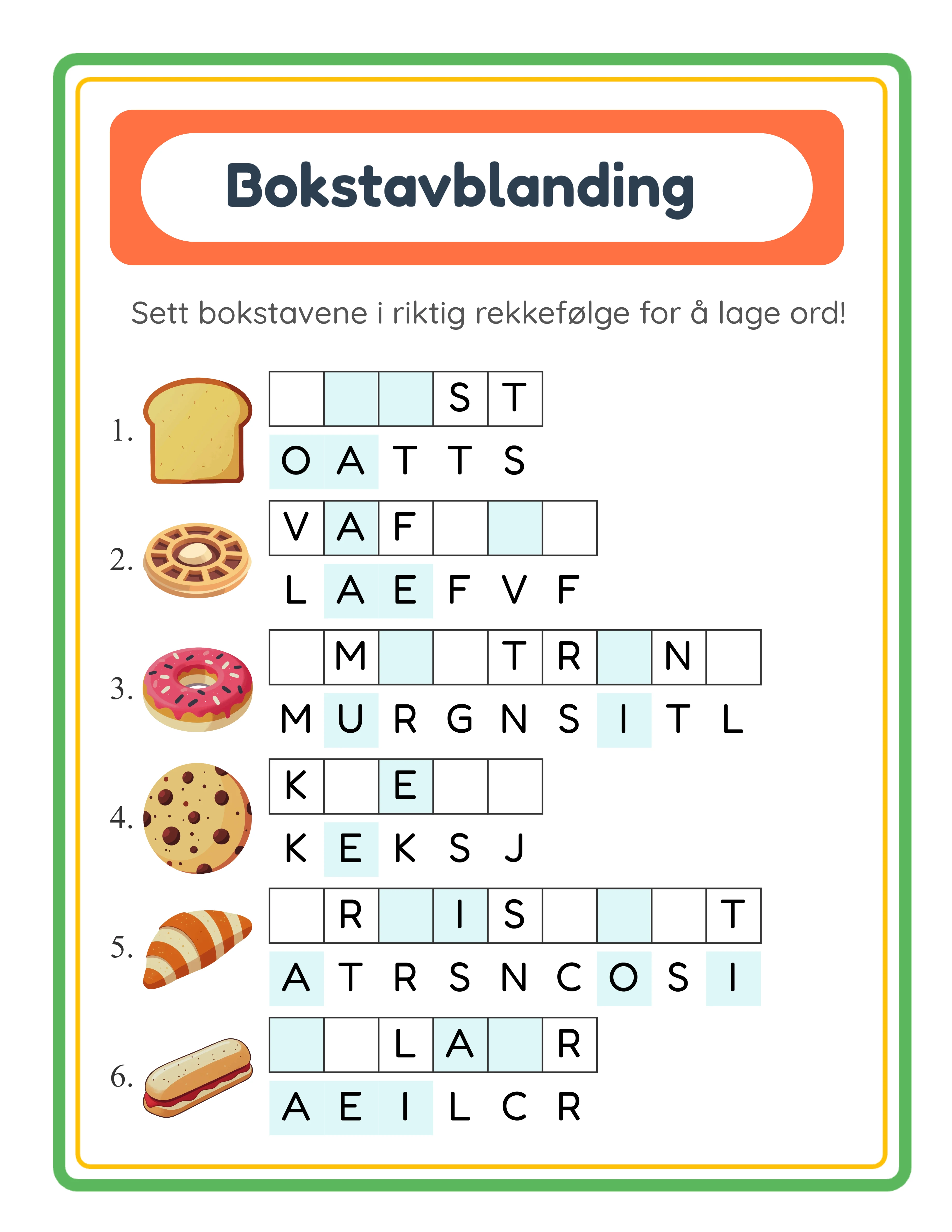 Bokstavblanding arbeidsark med vokal-konsonant fargekoding som viser fargede bokstavbrikker