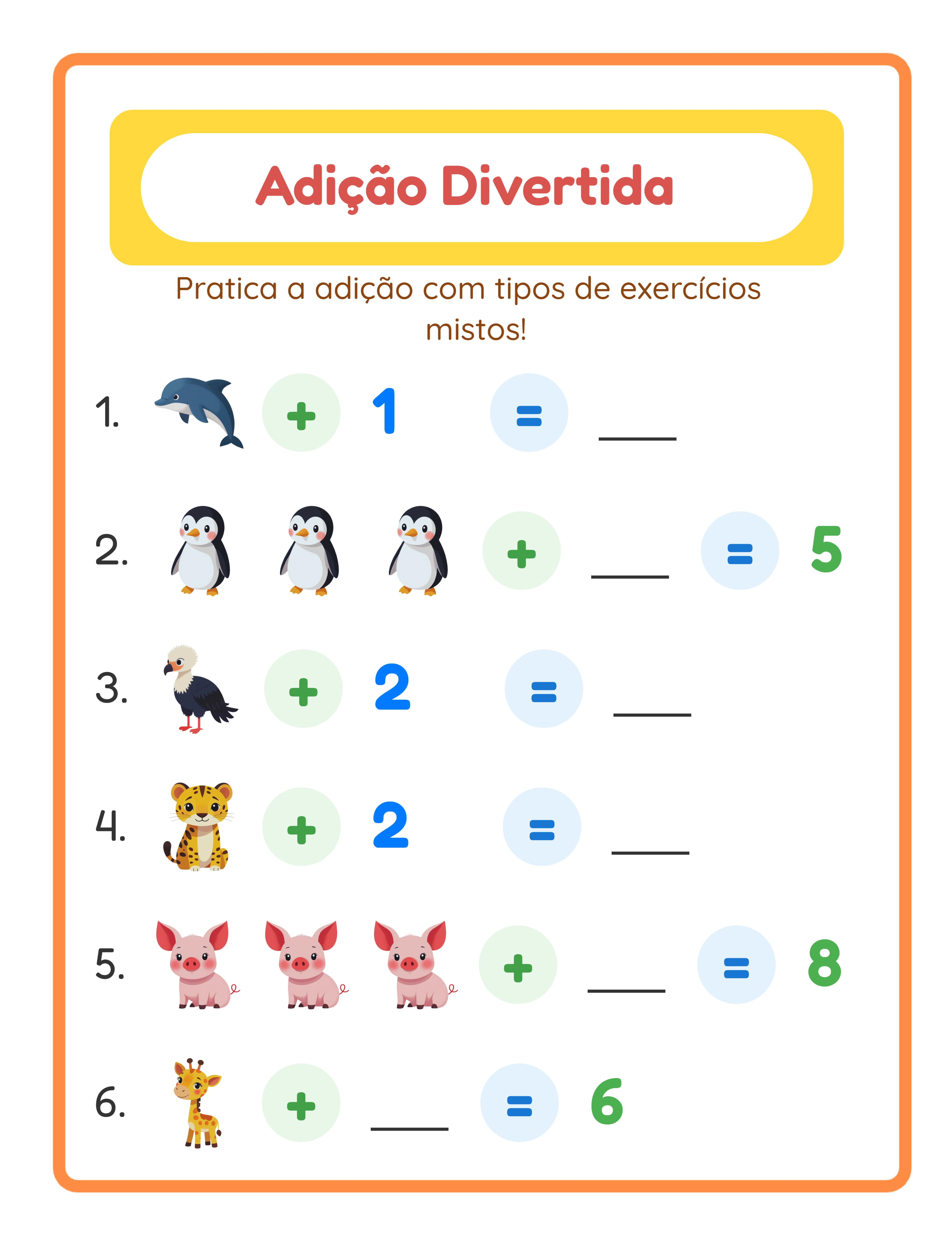Ficha de adição em destaque — imagens temáticas coloridas para aprendizado alegre