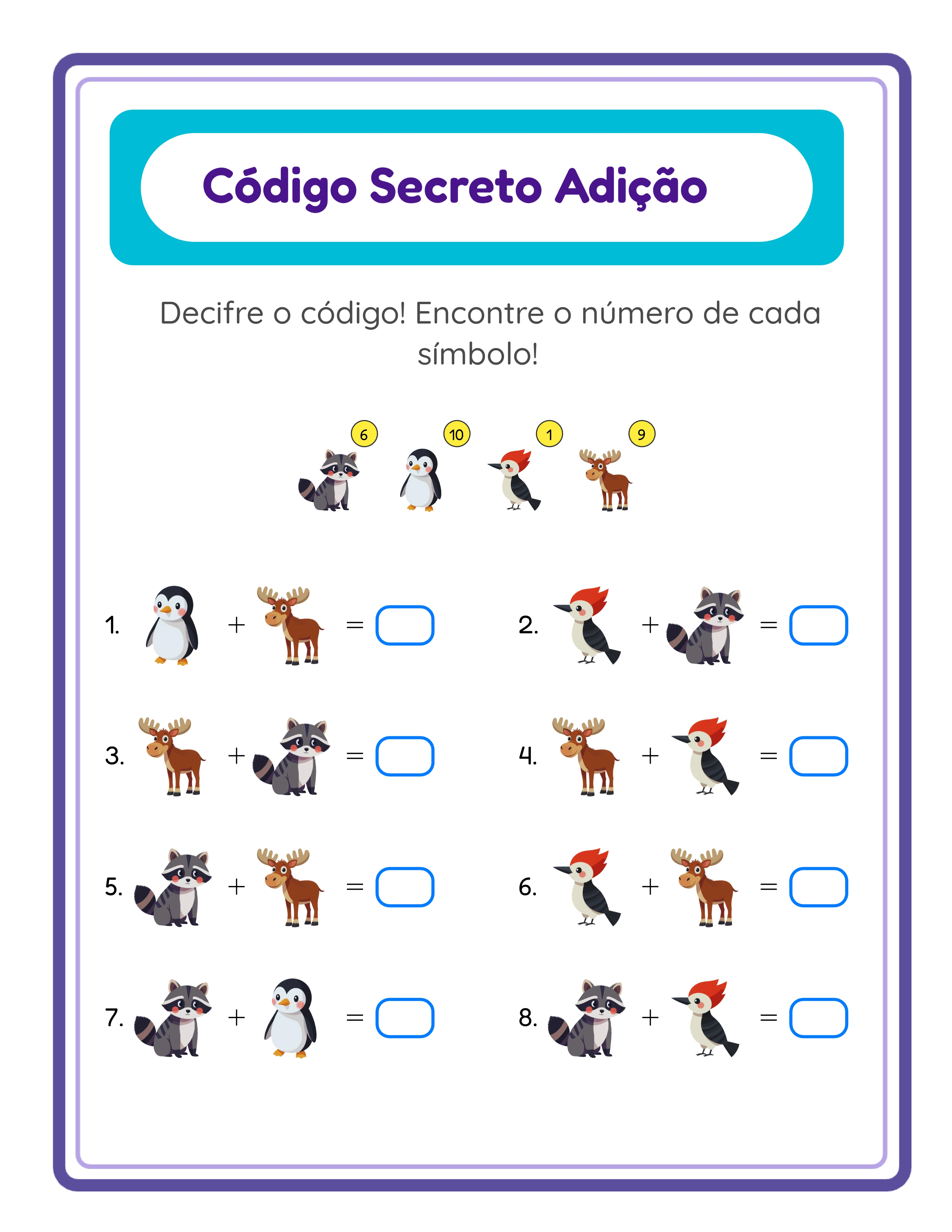 Ficha de adição codificada com puzzles criptaritméticos onde símbolos com imagens escondem números secretos