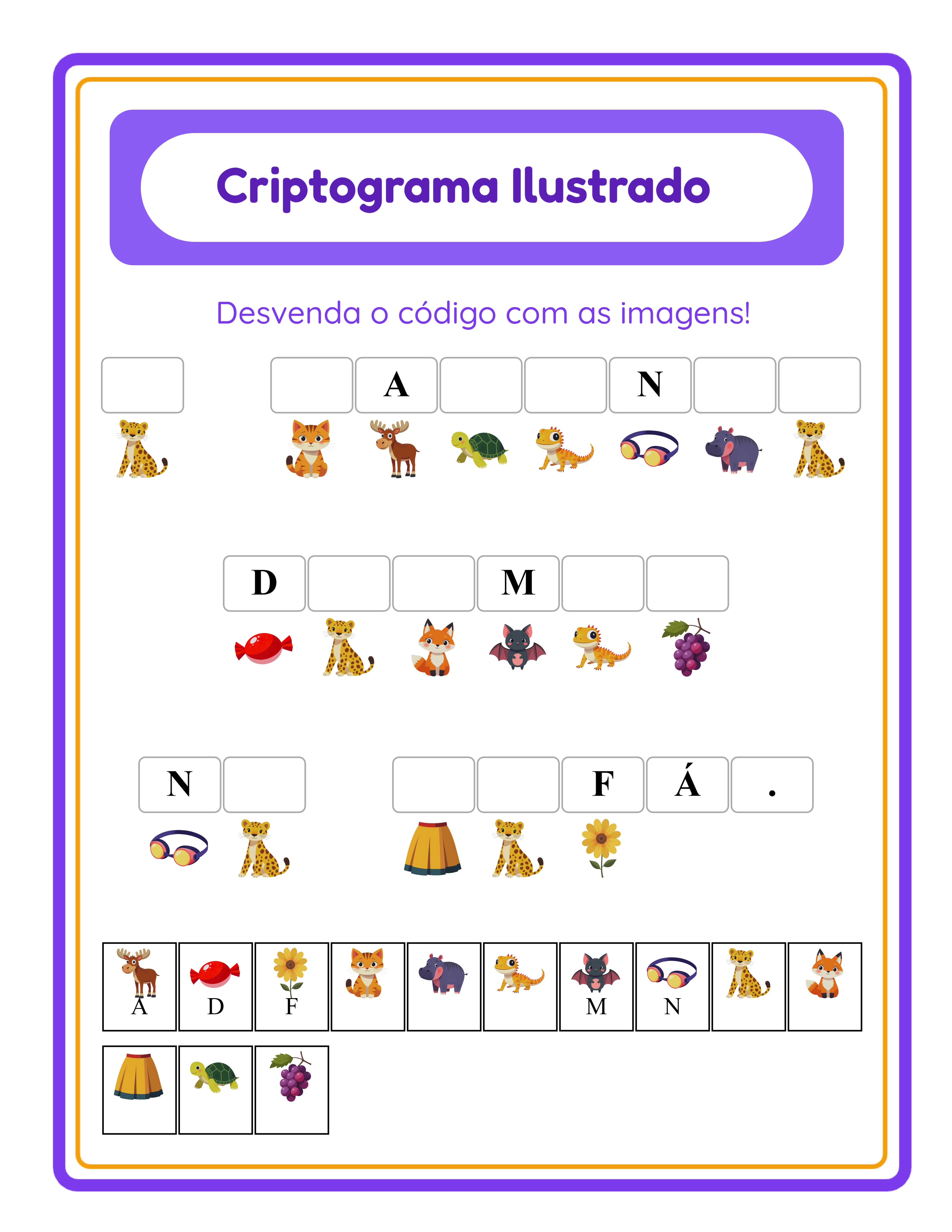 Criptograma em destaque — puzzle de cifra em imagens colorido