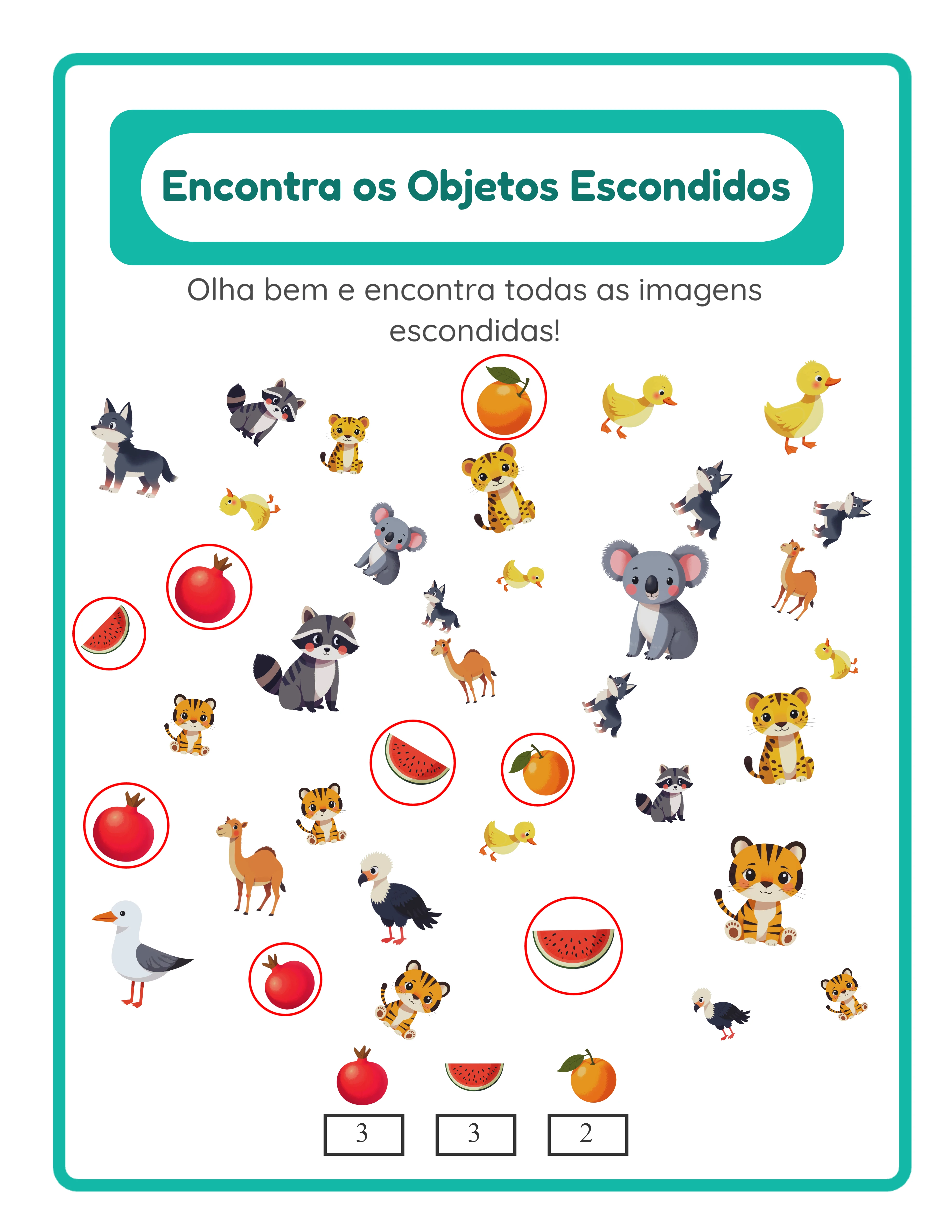 Gabarito de ficha de objetos ocultos com círculos vermelhos desenhados à volta dos objetos-alvo
