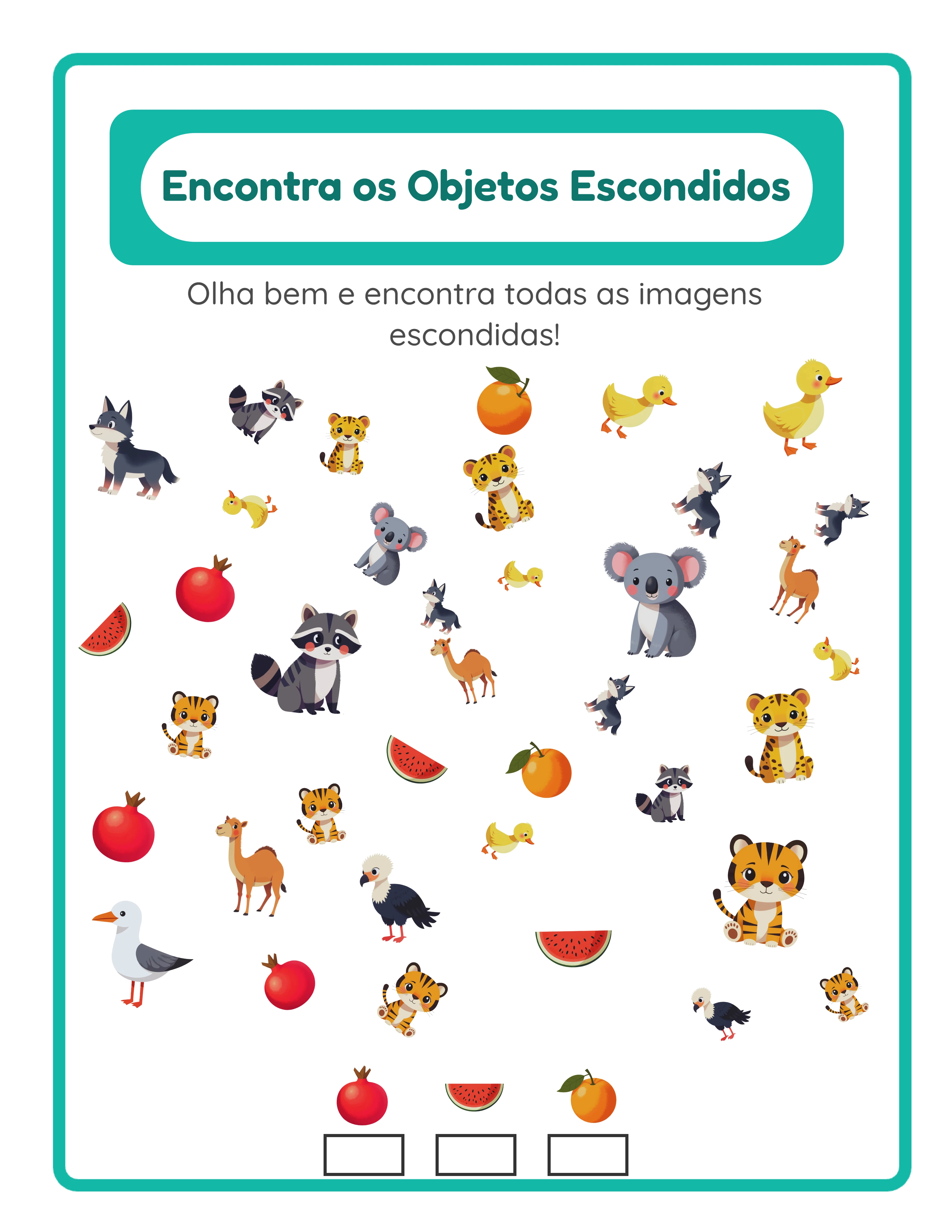 Cena de objetos ocultos Eu Vejo com imagens dispersas e legenda mostrando objetos-alvo na parte inferior