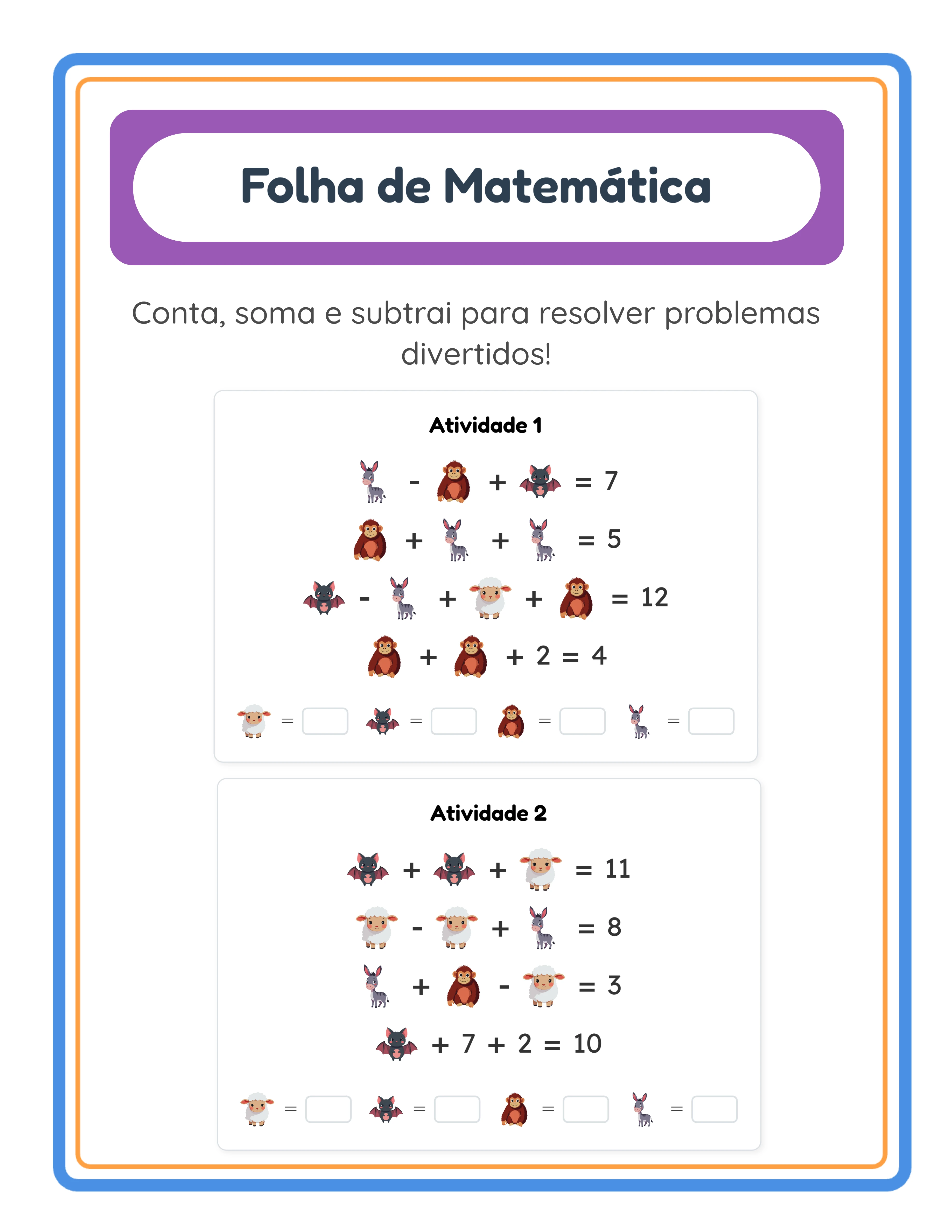 Ficha de puzzles algébricos difícil com quatro incógnitas simultâneas e operações mistas