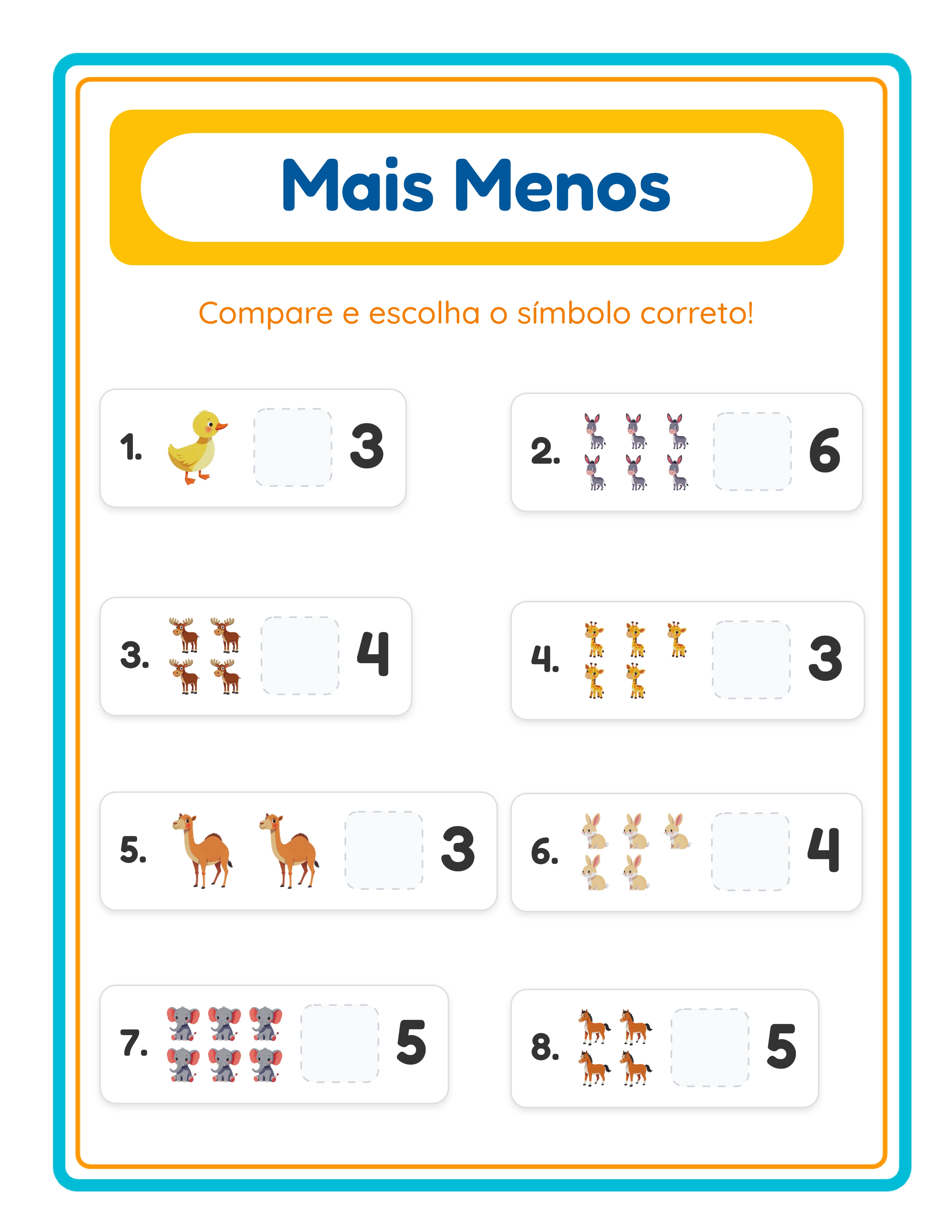 Ficha mais-menos em destaque — atividade de comparação colorida