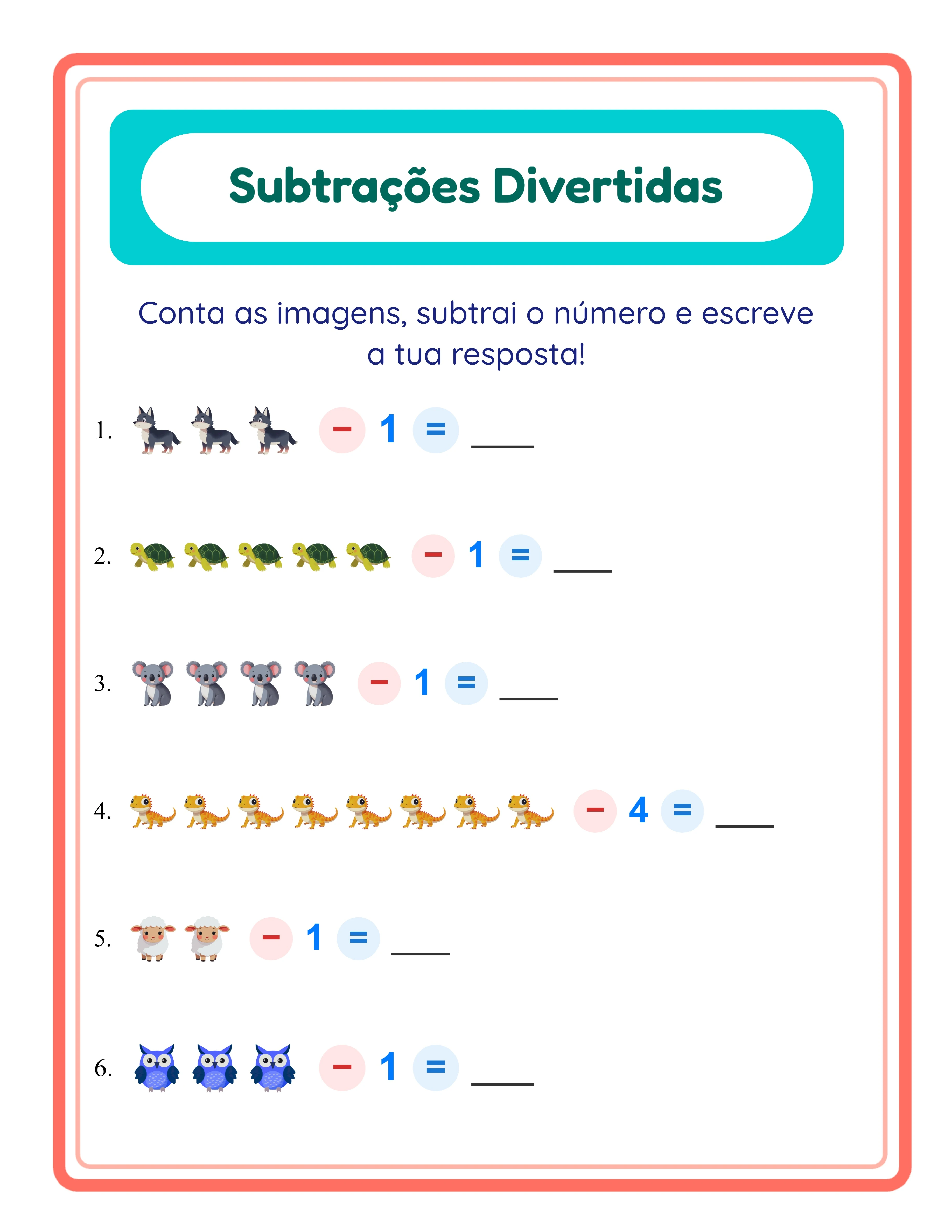 Subtração visual com imagens — Folha de trabalho exemplo 2