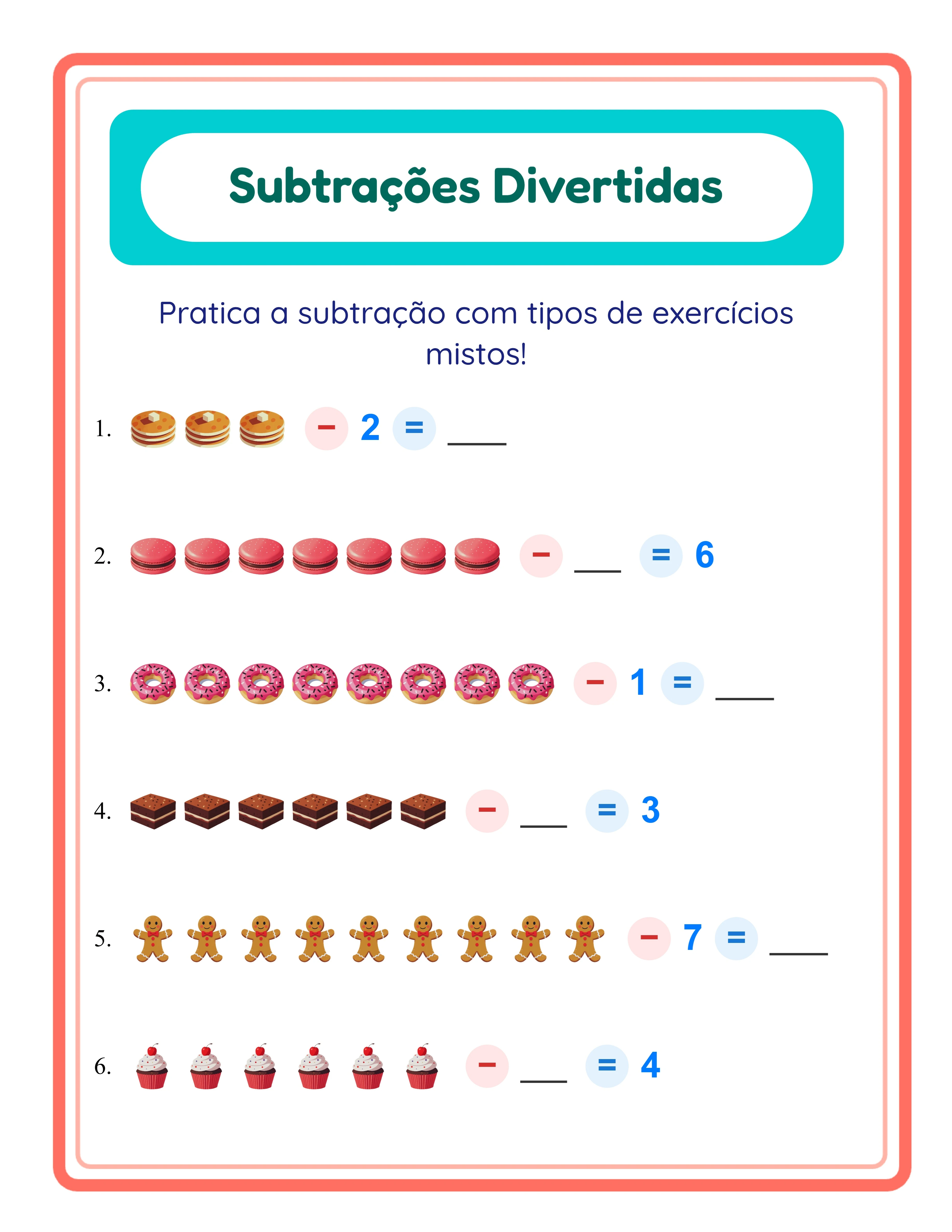 Ficha de Encontrar o Subtraendo com imagens de veículos e moldura decorativa