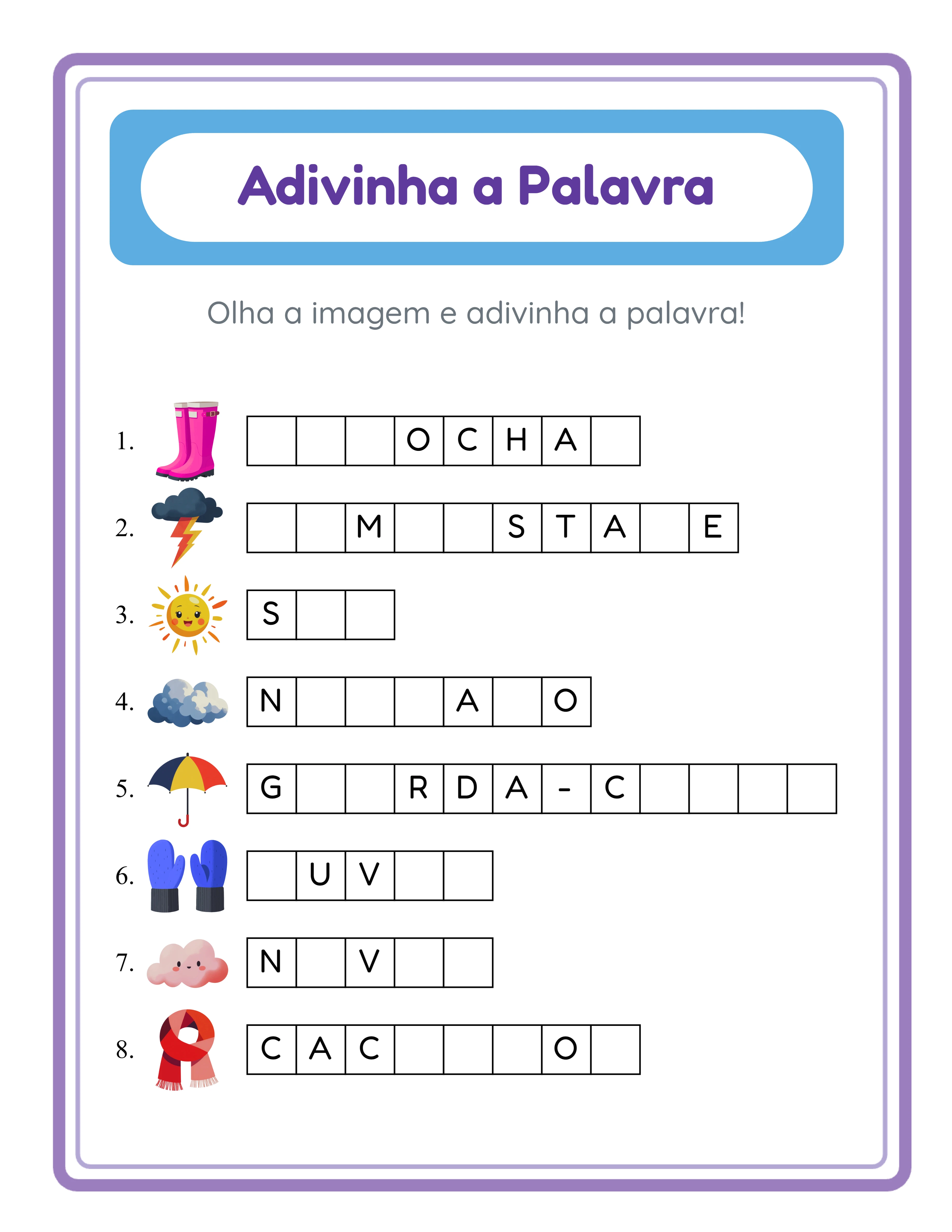 Gabarito de adivinhar palavras com todas as letras preenchidas mostrando as ortografias corretas