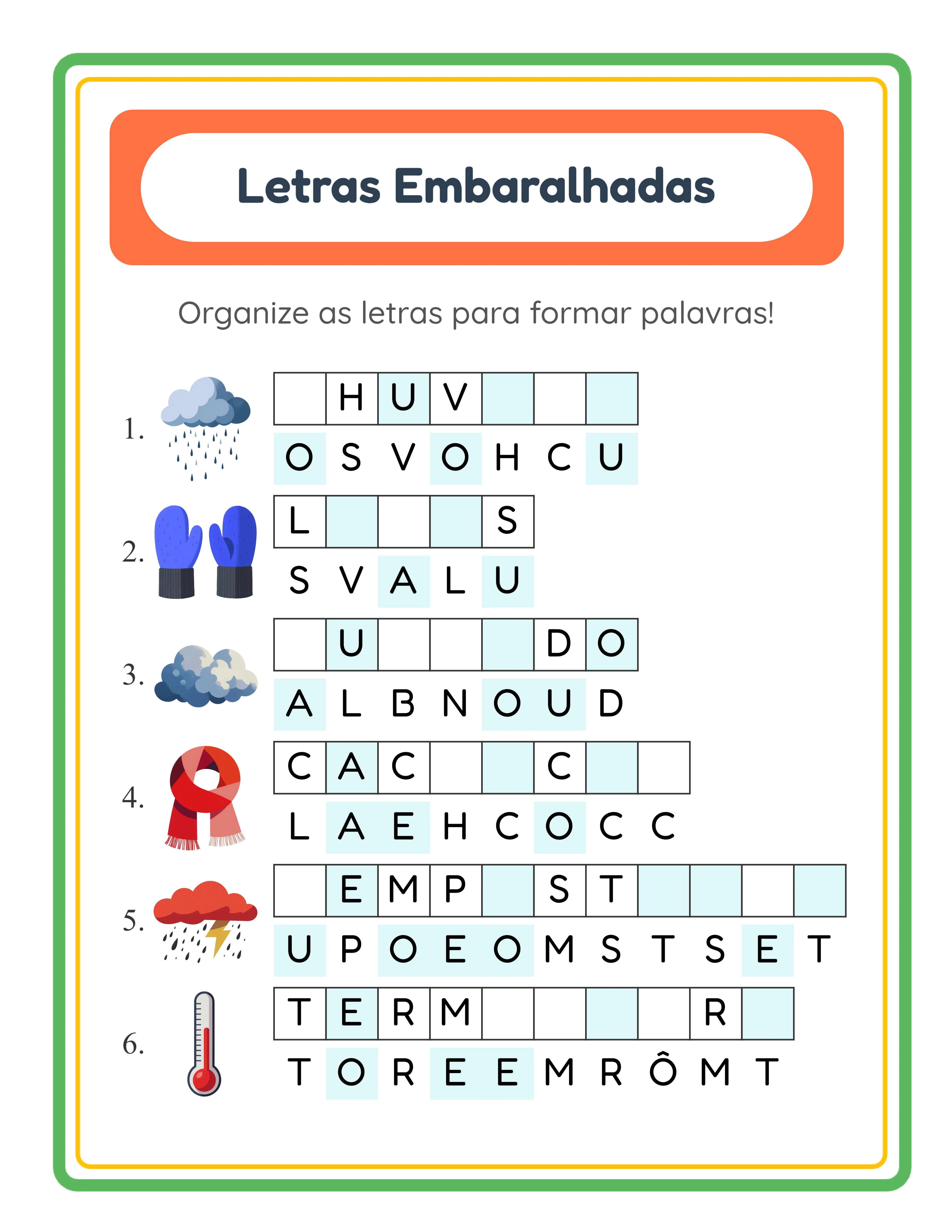 Folha de Letras embaralhadas intermédio