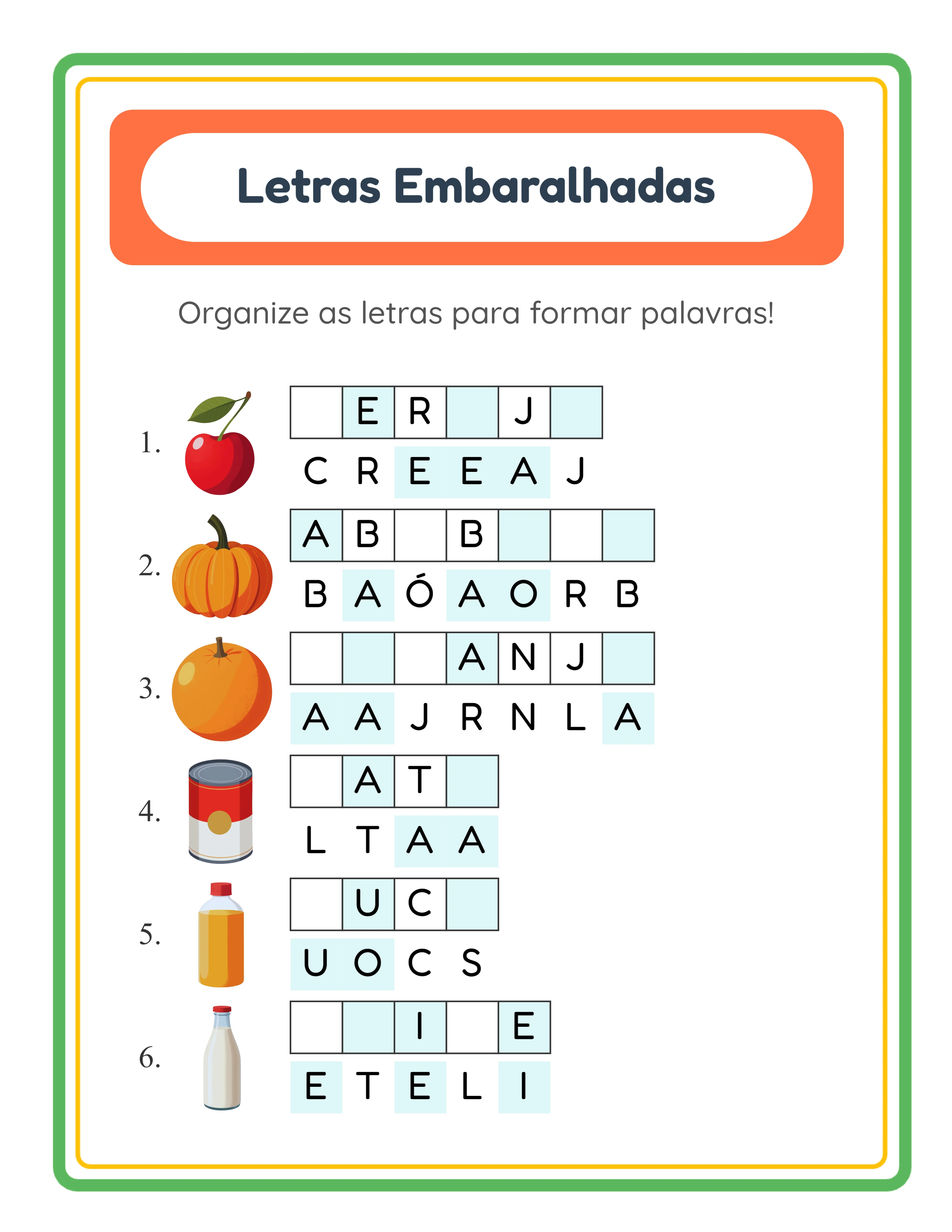 Ficha palavras embaralhadas em destaque — atividade temática colorida