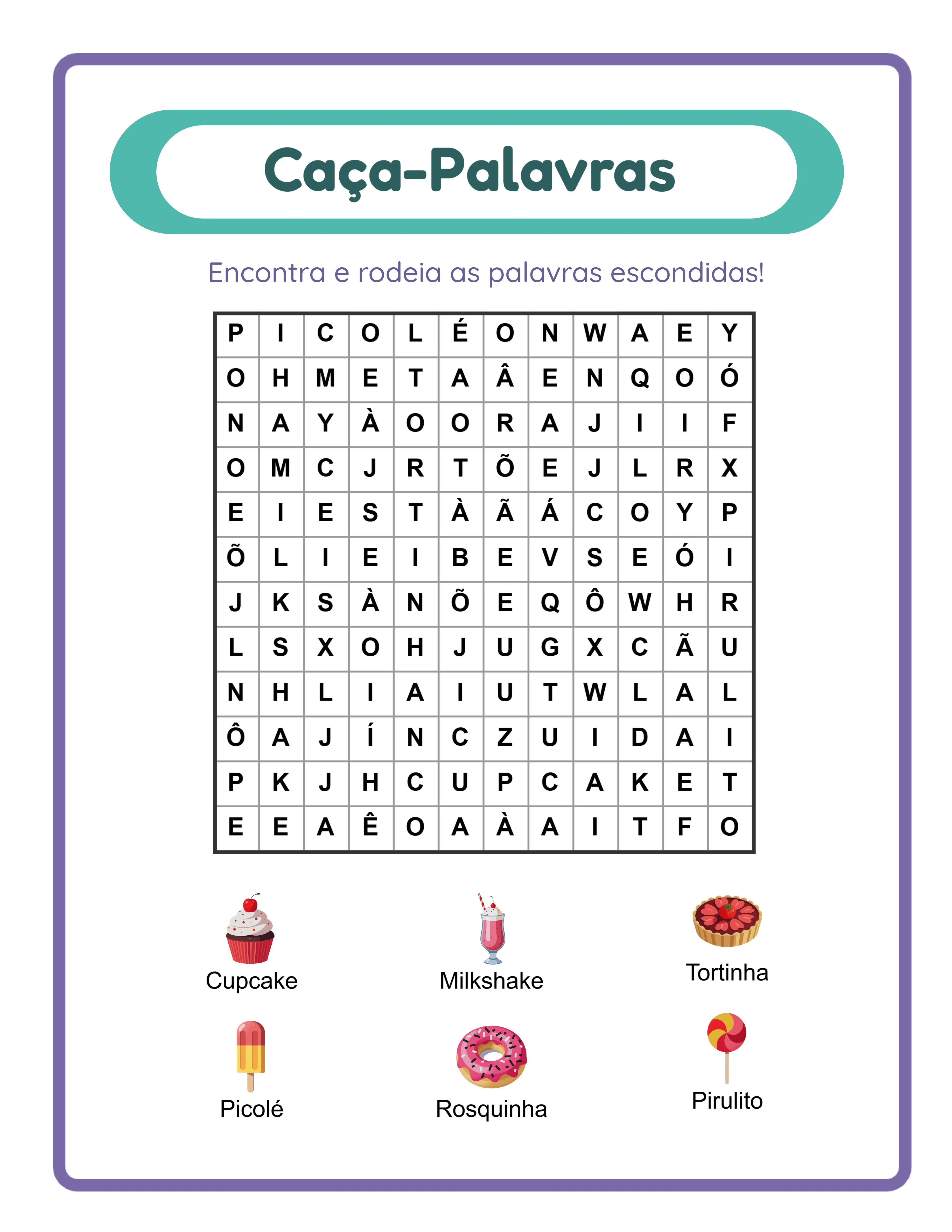 Ficha de caça-palavras usando o modo lista de palavras personalizada sem imagens para puzzles apenas de texto